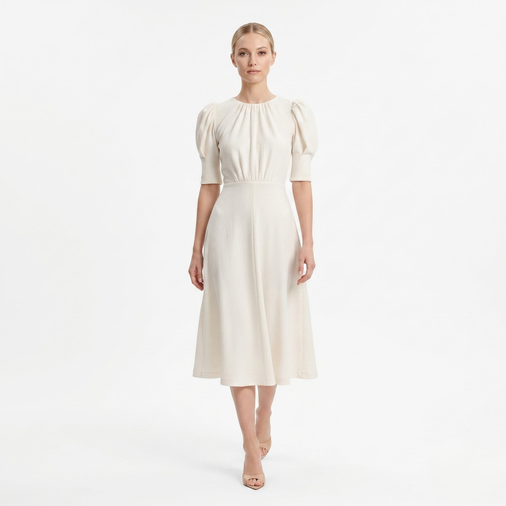 puff sleeve a line midi dress A-Line Midi Dress with Short Puffed Sleeves White / L