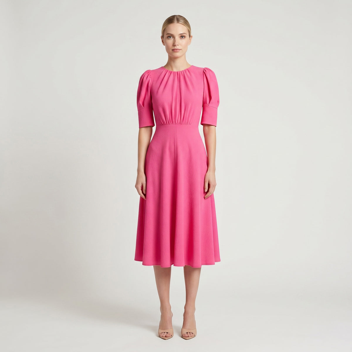 pink puff sleeve dress Maison Tara Womens Puff-Sleeve Ottoman Knit Midi Size:UK 9.5 US10.5 EU 43.5 waist silhouette and gathered Chocolate midi dress springclean40