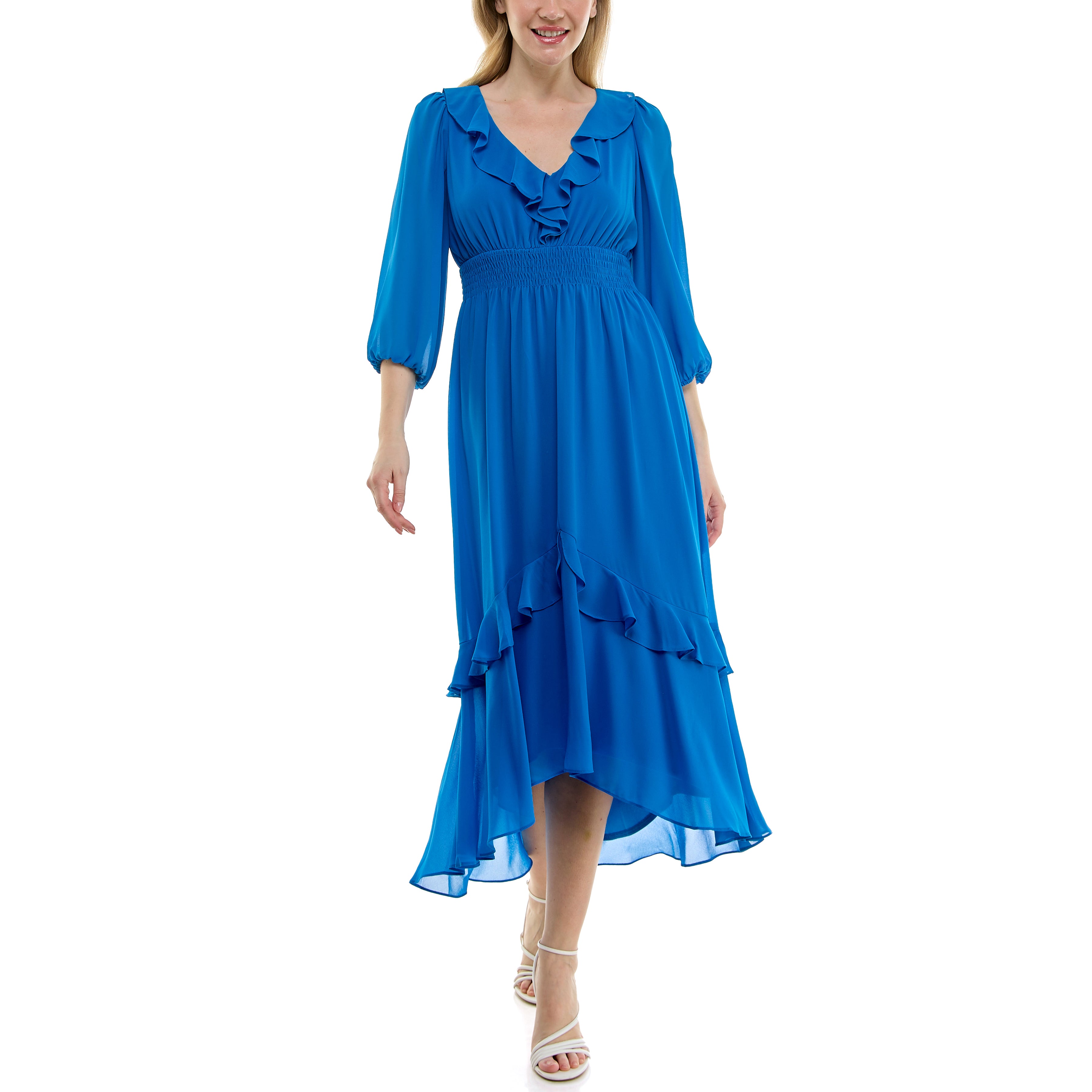 Gabby Skye Women's Off The Shoulder Dress - 3/4 Sleeve Chiffon With Ruffle Bottom, Solid Color Summer Dress - View #9
