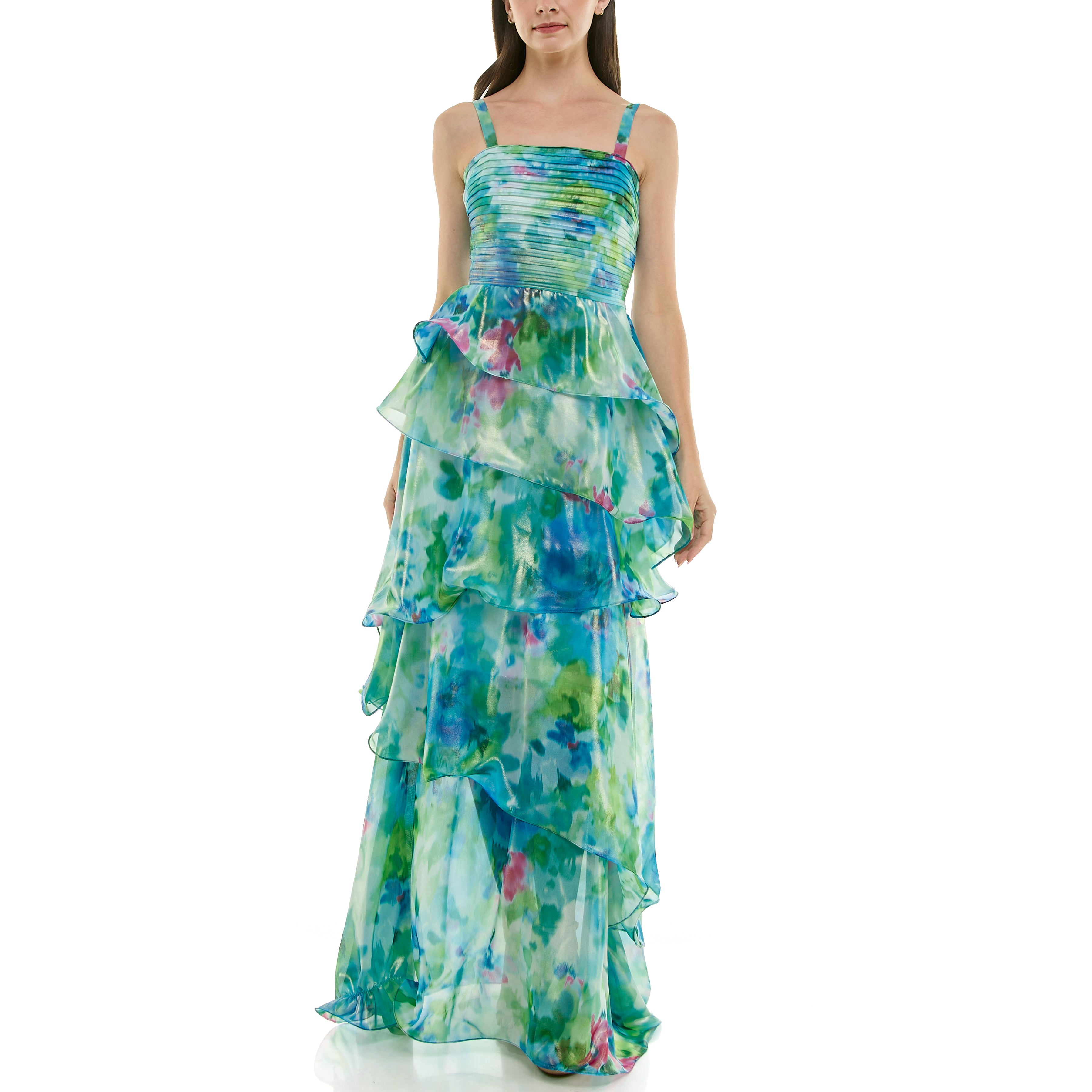 Taylor Women's Pleated-Bodice Tiered Chiffon Gown - Blue