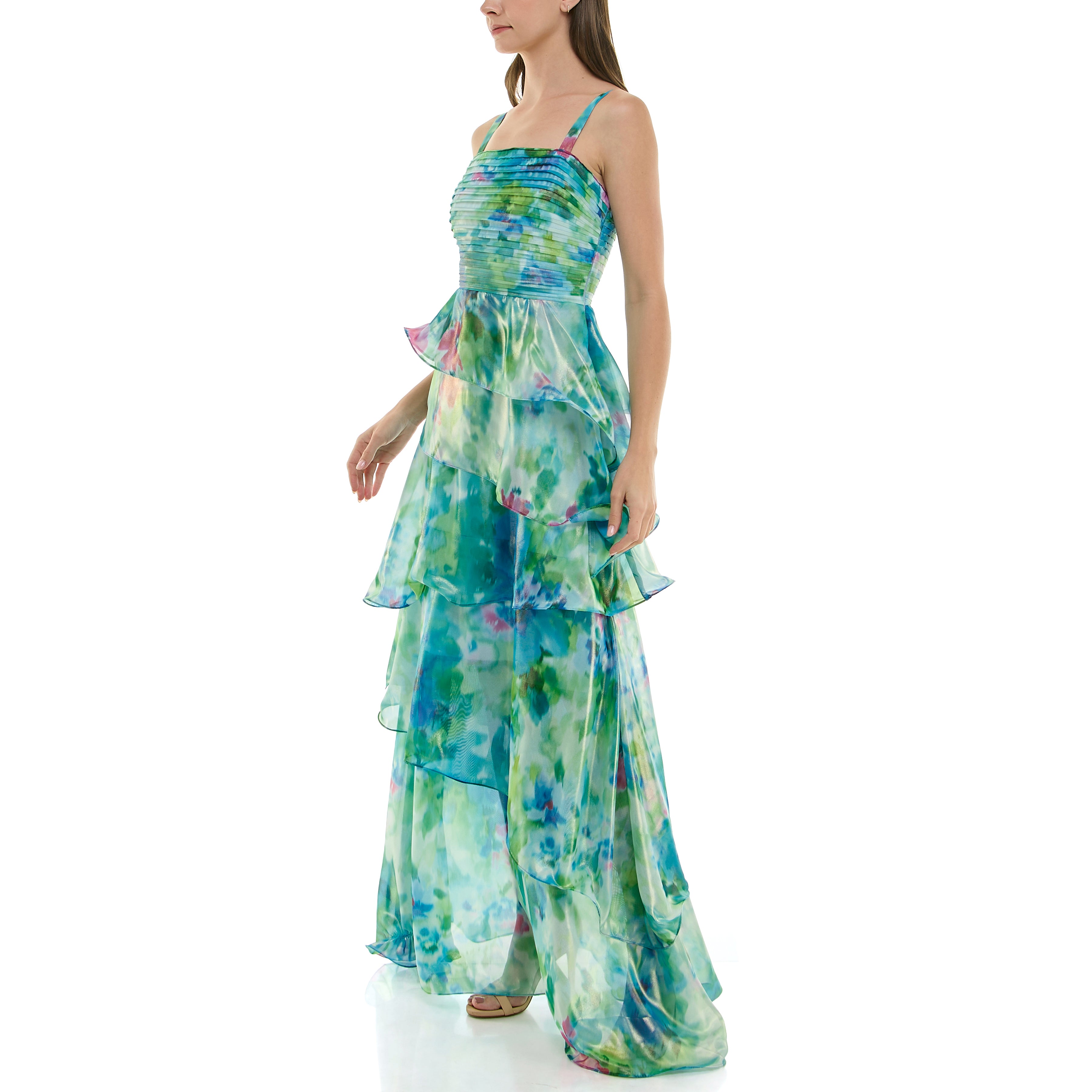 Taylor Women's Pleated-Bodice Tiered Chiffon Gown - Blue