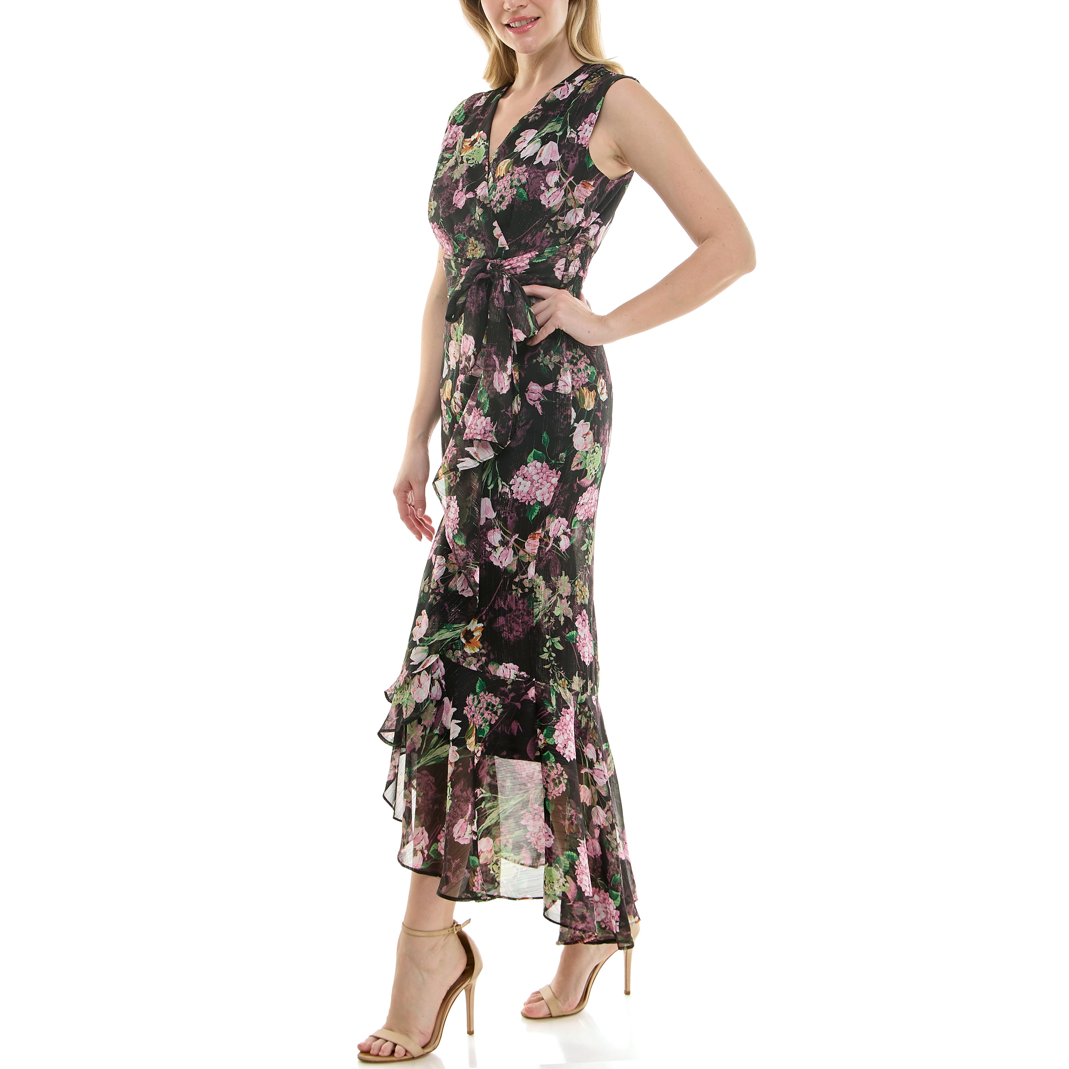 KAREN MILLEN マキシドレス ベアショルダー フリル クレープ Petite Halter Neck Feather Sequin Detail Woven Maxi Dress
