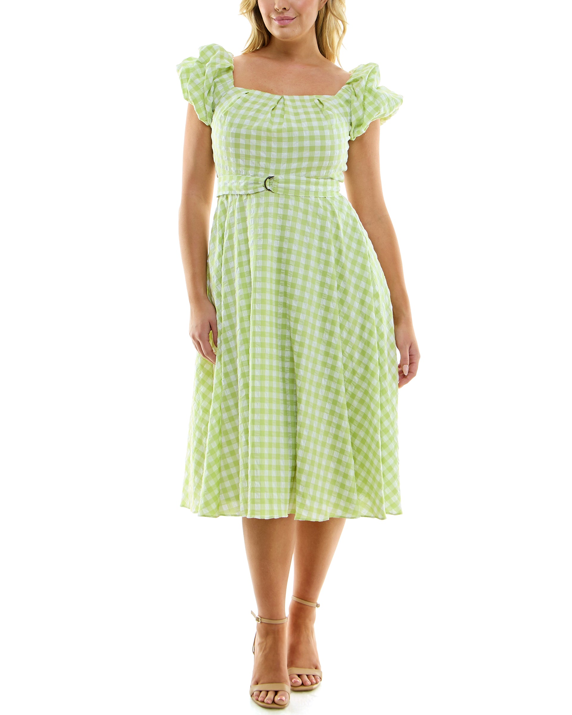 Green GINGHAM MIDI DRESS – SQUARE NECK RUFFLE SLEEVE BELTED SUMMER DRESS