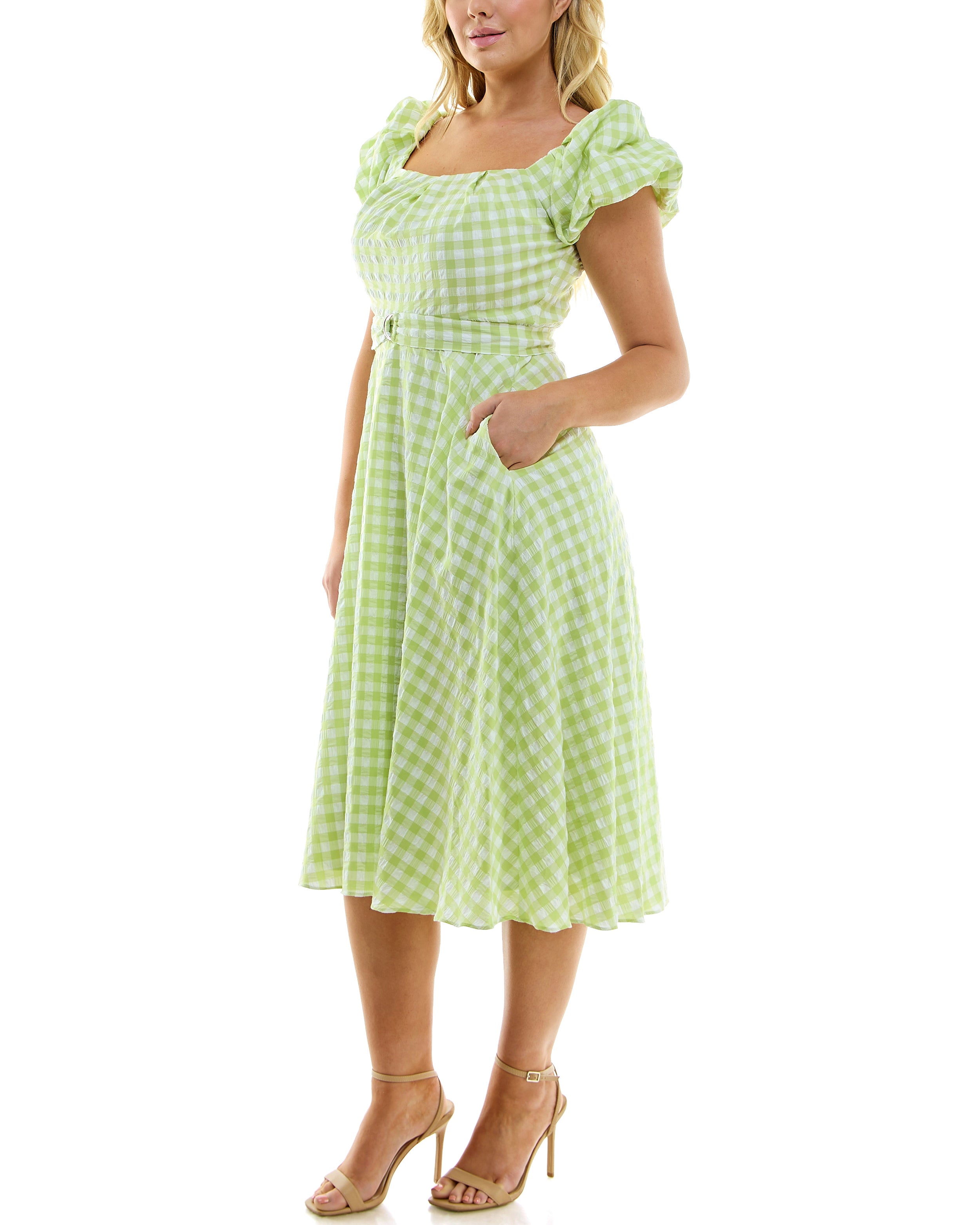 Green GINGHAM MIDI DRESS SQUARE NECK RUFFLE SLEEVE BELTED SUMMER DRESS - LIME/IVORY / 18W Green GINGHAM MIDI DRESS SQUARE NECK RUFFLE SLEEVE BELTED SUMMER DRESS - LIME/IVORY / 18W