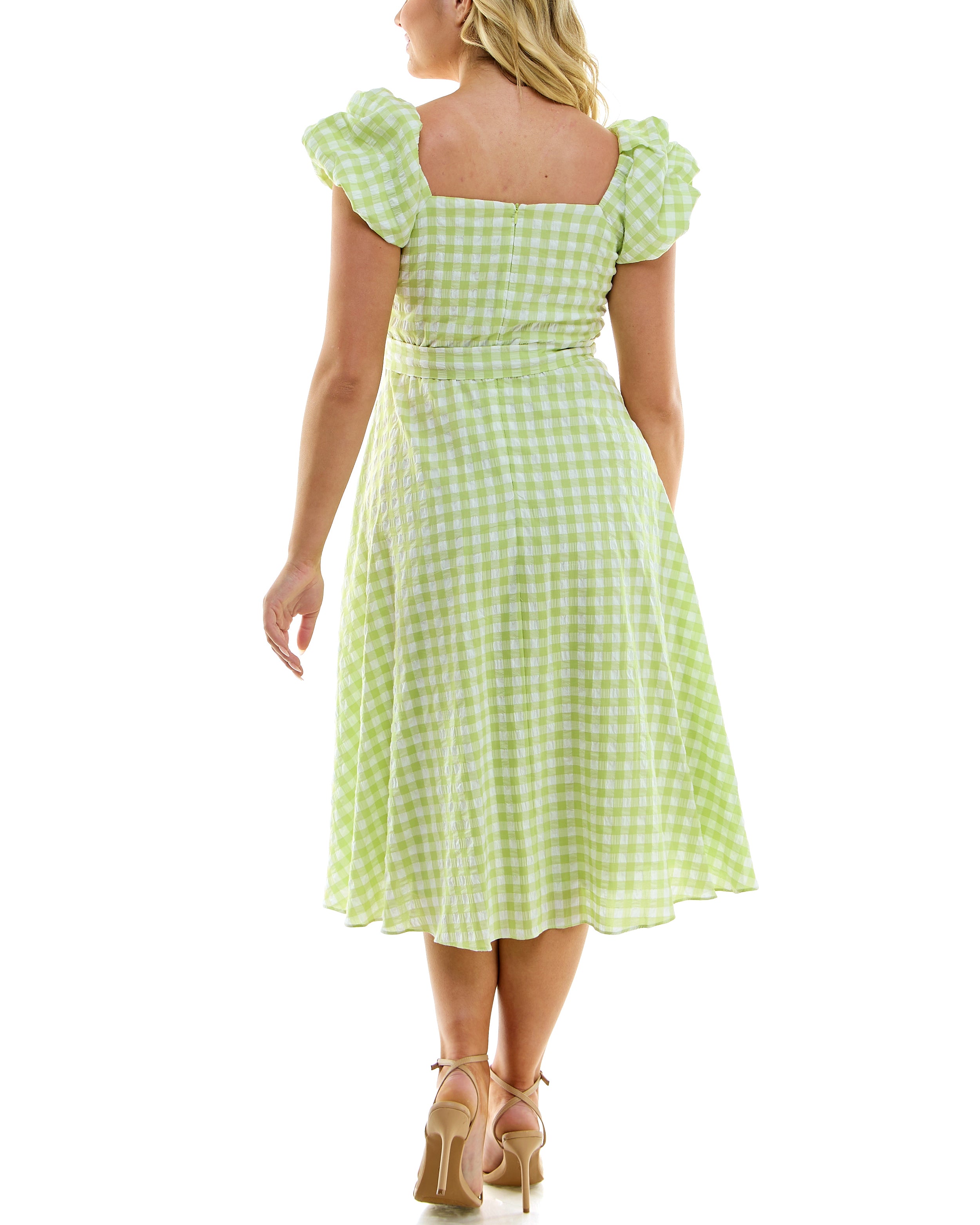 Green GINGHAM MIDI DRESS SQUARE NECK RUFFLE SLEEVE BELTED SUMMER DRESS - LIME/IVORY / 18W Green GINGHAM MIDI DRESS SQUARE NECK RUFFLE SLEEVE BELTED SUMMER DRESS - LIME/IVORY / 18W