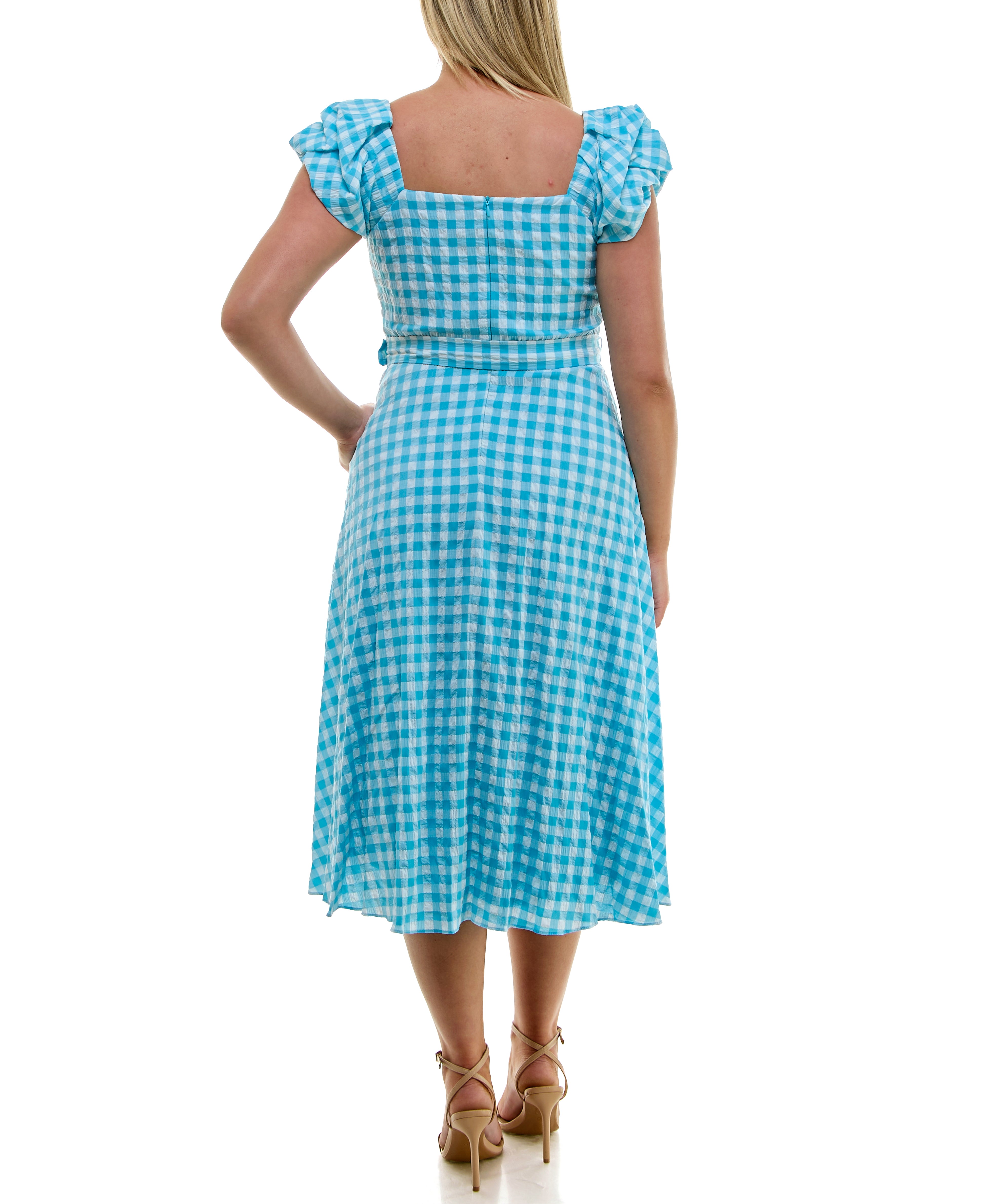 Green GINGHAM MIDI DRESS SQUARE NECK RUFFLE SLEEVE BELTED SUMMER DRESS - LIME/IVORY / 18W Green GINGHAM MIDI DRESS SQUARE NECK RUFFLE SLEEVE BELTED SUMMER DRESS - LIME/IVORY / 18W