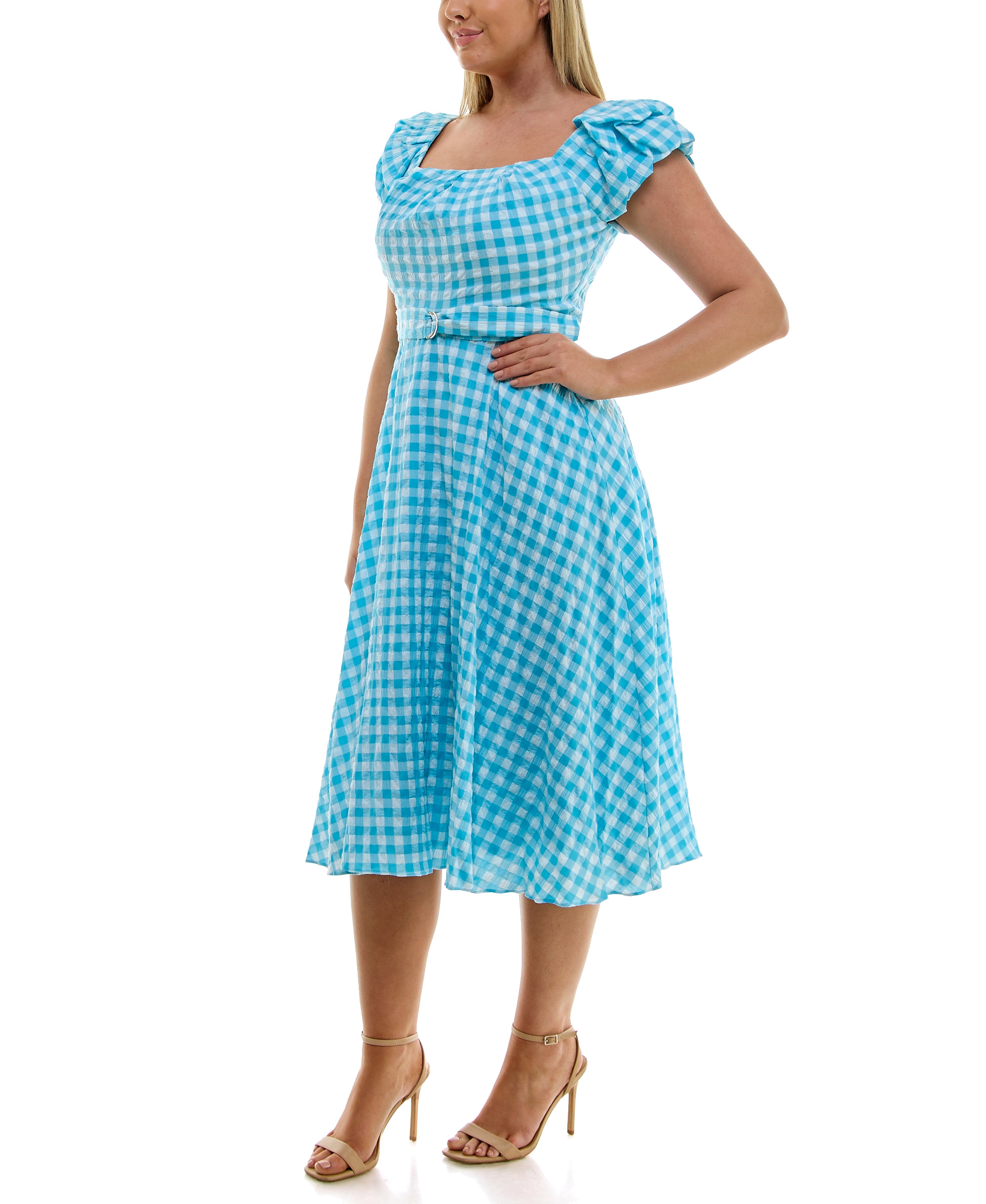 Green GINGHAM MIDI DRESS SQUARE NECK RUFFLE SLEEVE BELTED SUMMER DRESS - LIME/IVORY / 18W Green GINGHAM MIDI DRESS SQUARE NECK RUFFLE SLEEVE BELTED SUMMER DRESS - LIME/IVORY / 18W