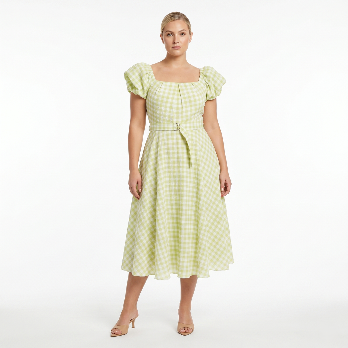 lime green gingham dress MIDI – SQUARE NECK RUFFLE SLEEVE BELTED SUMMER DRESS name-Eve Jcpenney Outlet Formal Dresses and packable Style It Szie:S