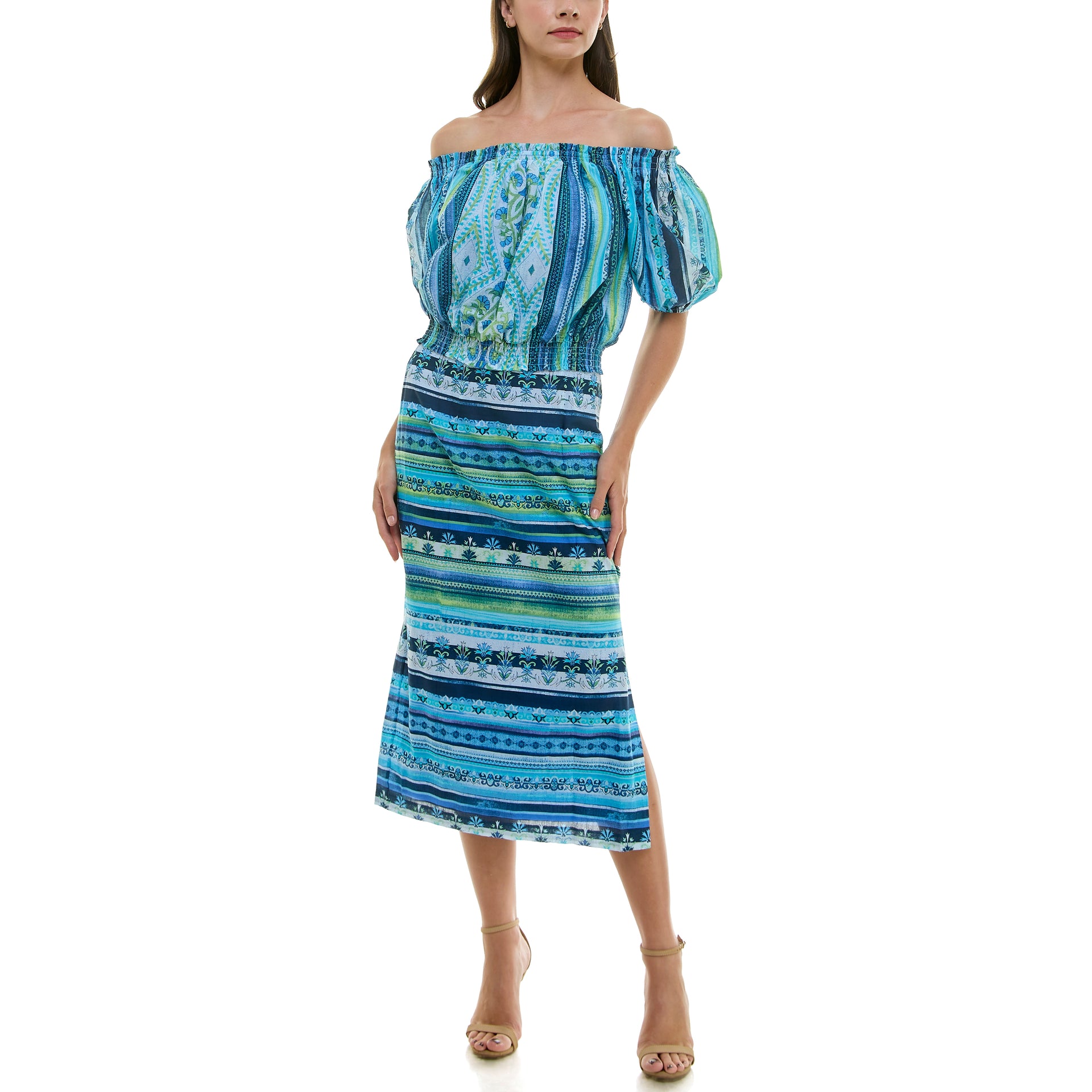 Moda Tara Off-The-Shoulder Short Puff Sleeve Midi 2-Piece Skirt Set, Womens, 16, Aqua Lime