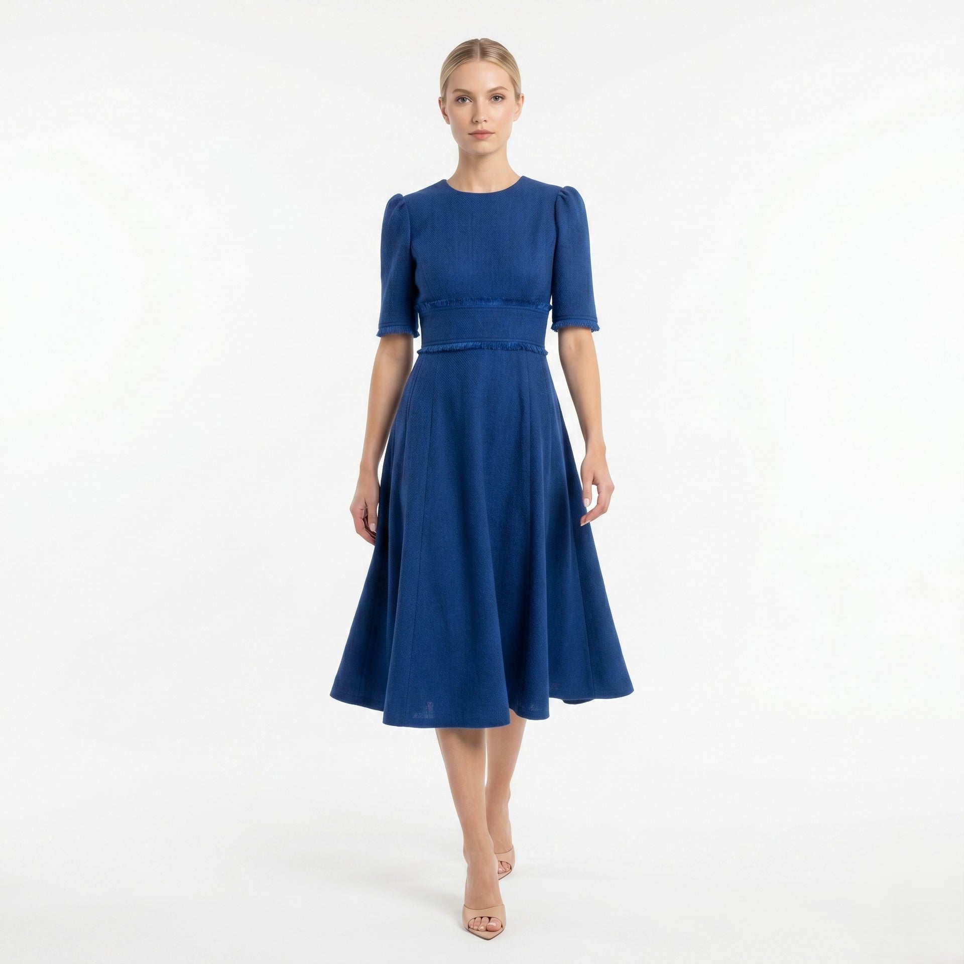 cobalt blue dress midi Azurine Cobalt Blue Satin-Feel Midi Dress With Long Sleeves - M