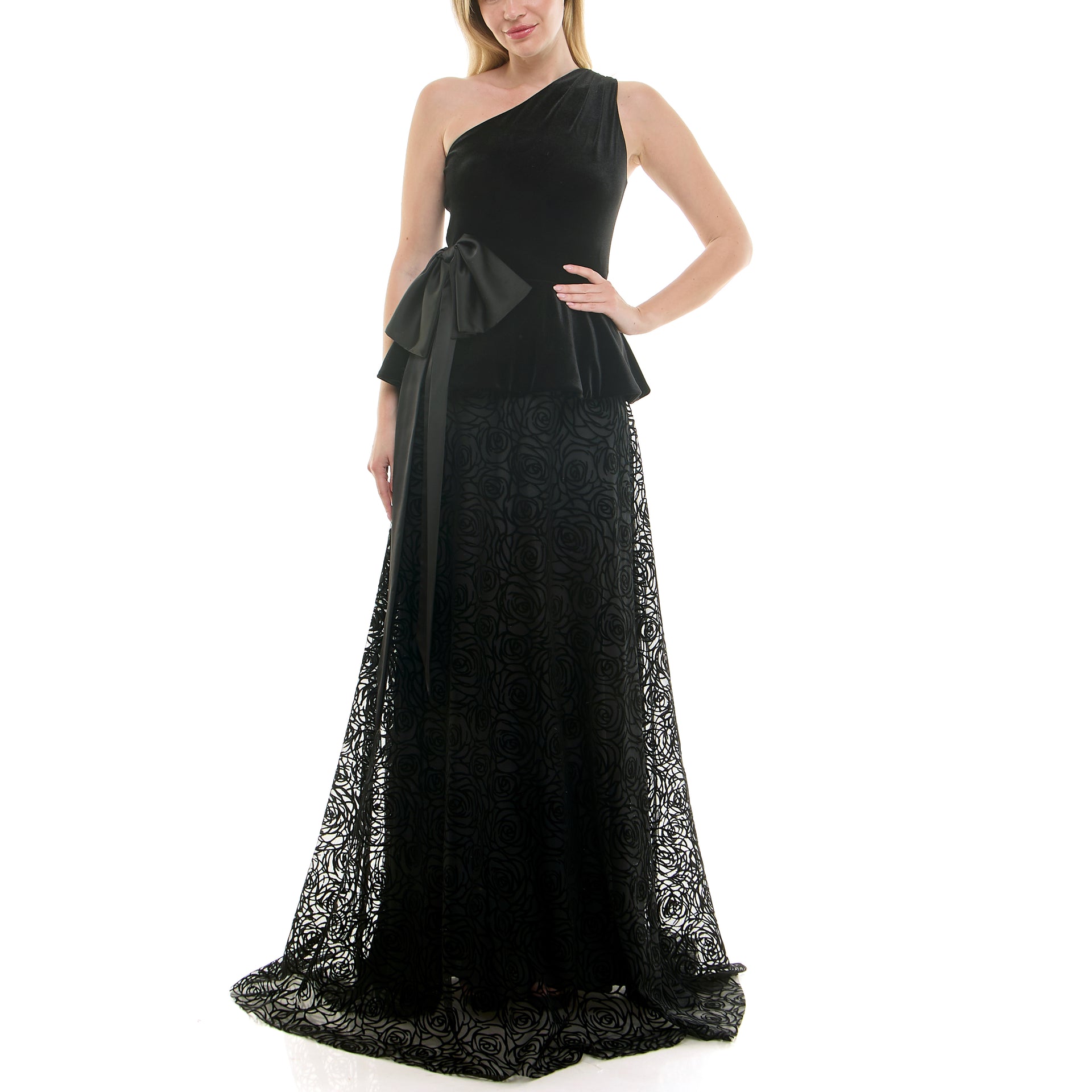 TAYLOR ASYMMETRICAL ONE SHOULDER PEPLUM FLORAL EMBROIDERED GOWN Kelly Grace Brands TAYLOR ASYMMETRICAL ONE SHOULDER PEPLUM FLORAL EMBROIDERED GOWN Kelly Grace Brands