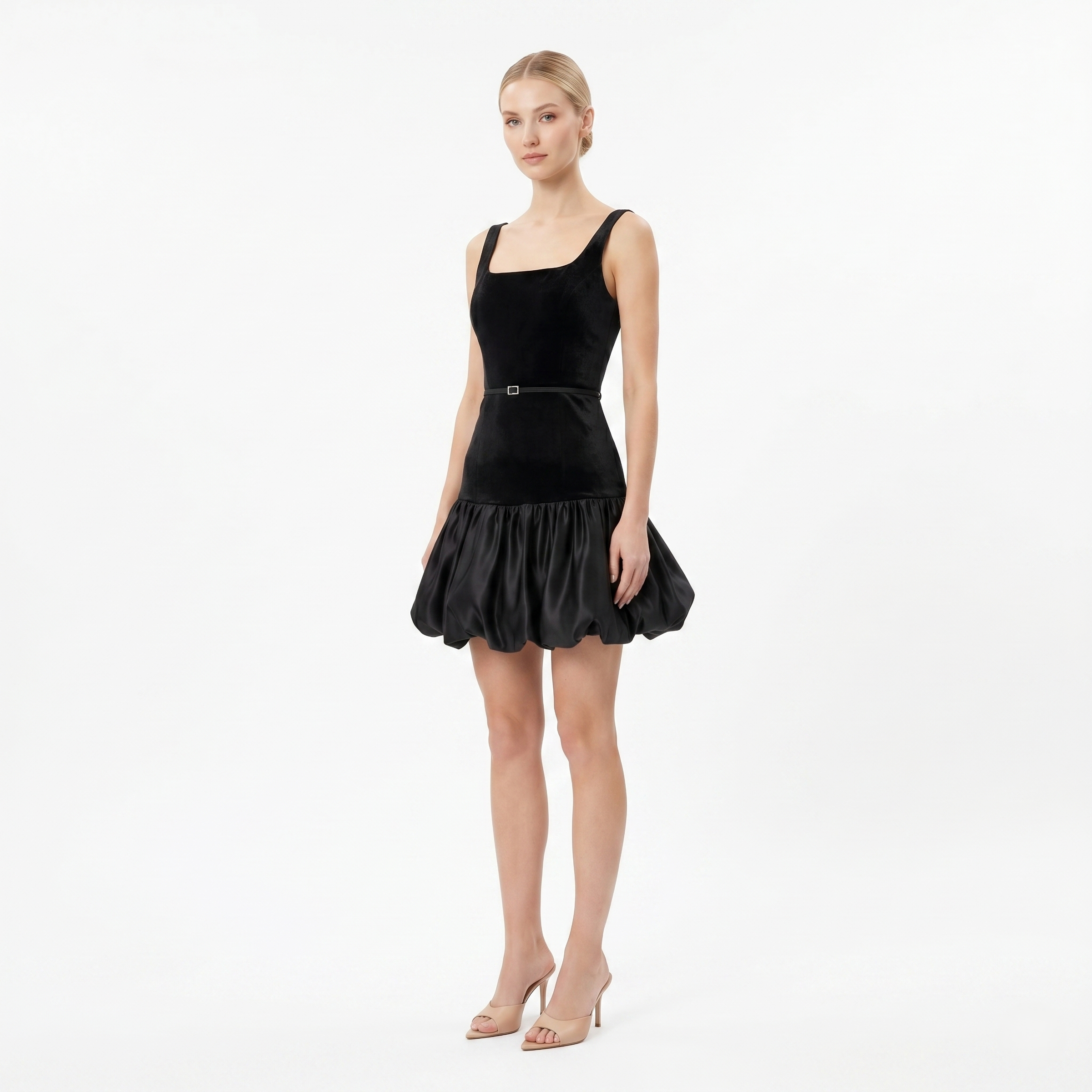 Women's Maison Tara Lux Velvet Square Neck Satin Bubble Hem, Size: 6, Black