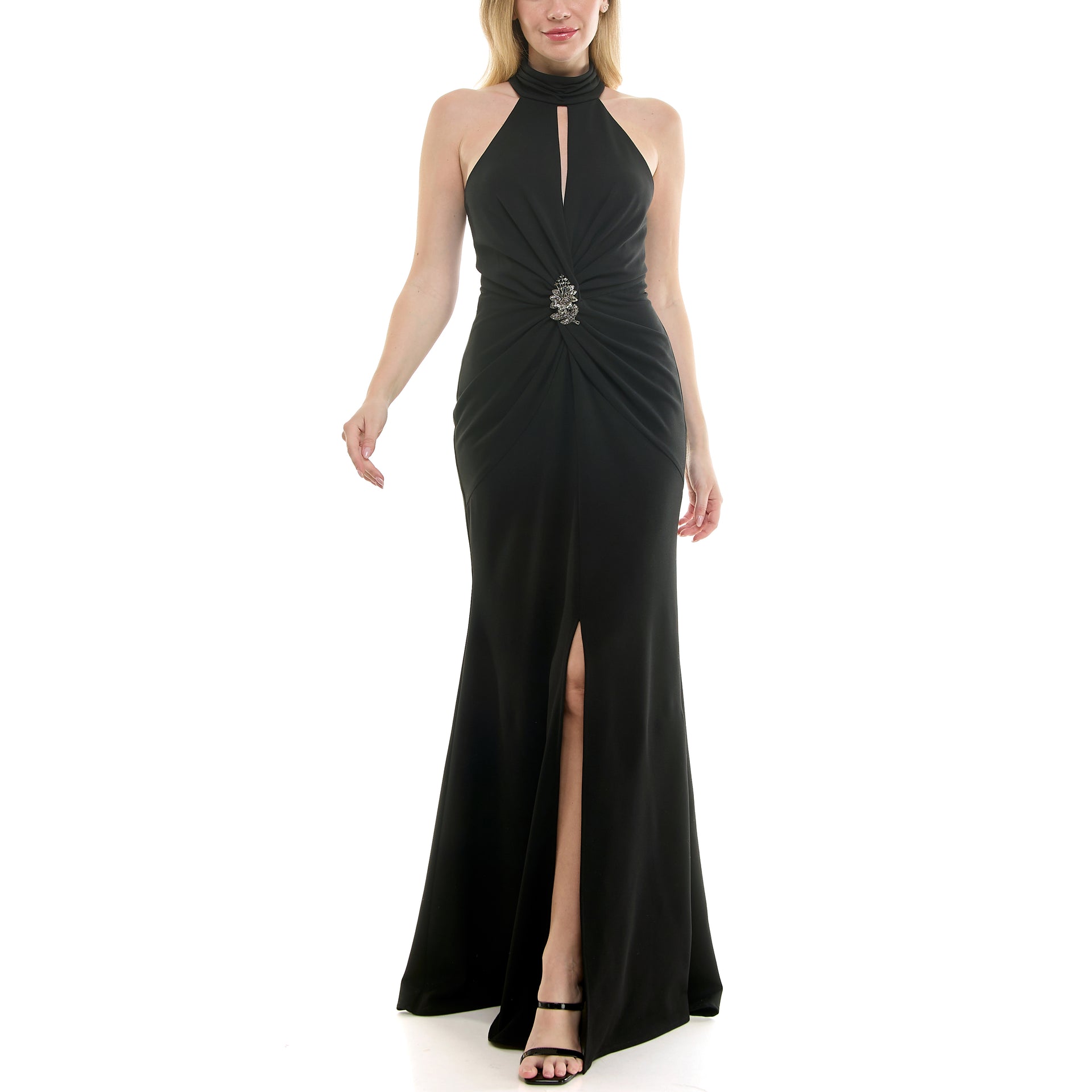 TAYLOR SLEEVELESS HALTER NECK BROOCH EMBELLISHMENT KNEE SLIT GOWN  Kelly  Grace Brands