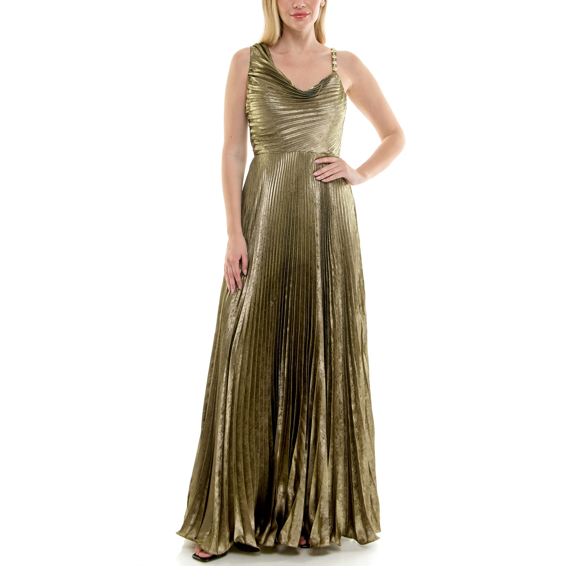 Taylor Women's Cowl Neck Sunburst Pleating Dress - Olive Gold Taylor Women's Cowl Neck Sunburst Pleating Dress - Olive Gold