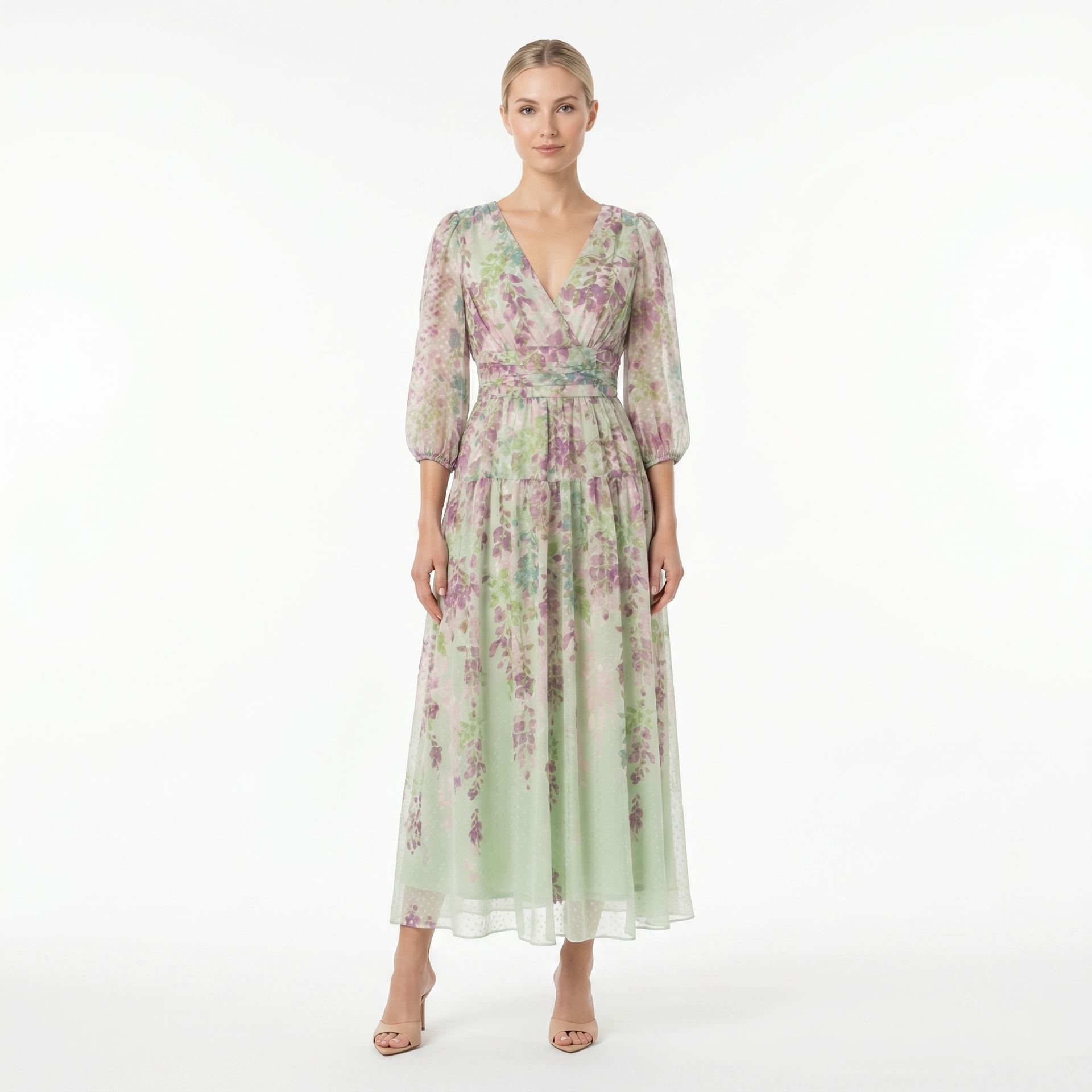 SAGE MULTI FLORAL MAXI DRESS SHEER SLEEVE V-NECK ROMANTIC A-LINE DRE Kelly Grace Brands SAGE MULTI FLORAL MAXI DRESS SHEER SLEEVE V-NECK ROMANTIC A-LINE DRE Kelly Grace Brands
