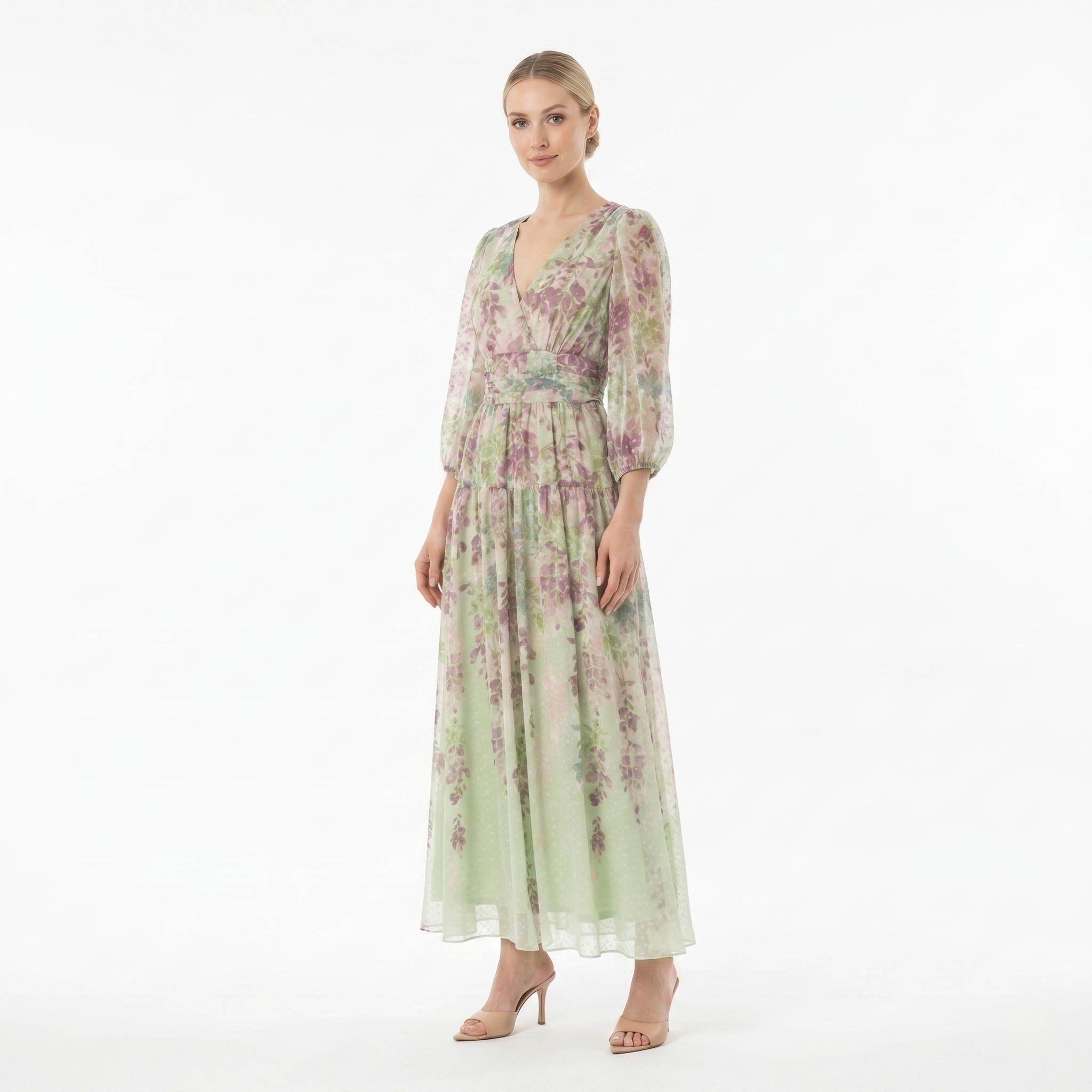 SAGE MULTI FLORAL MAXI DRESS – SHEER SLEEVE V-NECK ROMANTIC A-LINE DRE –  Kelly Grace Brands