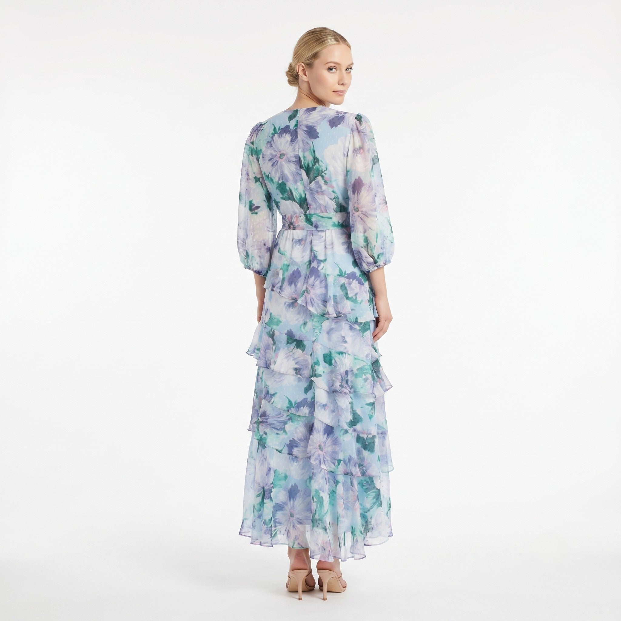 POWDER BLUE FLORAL MAXI DRESS  ROMANTIC WRAP V-NECK TIERED RUFFLE DRE   Kelly Grace Brands