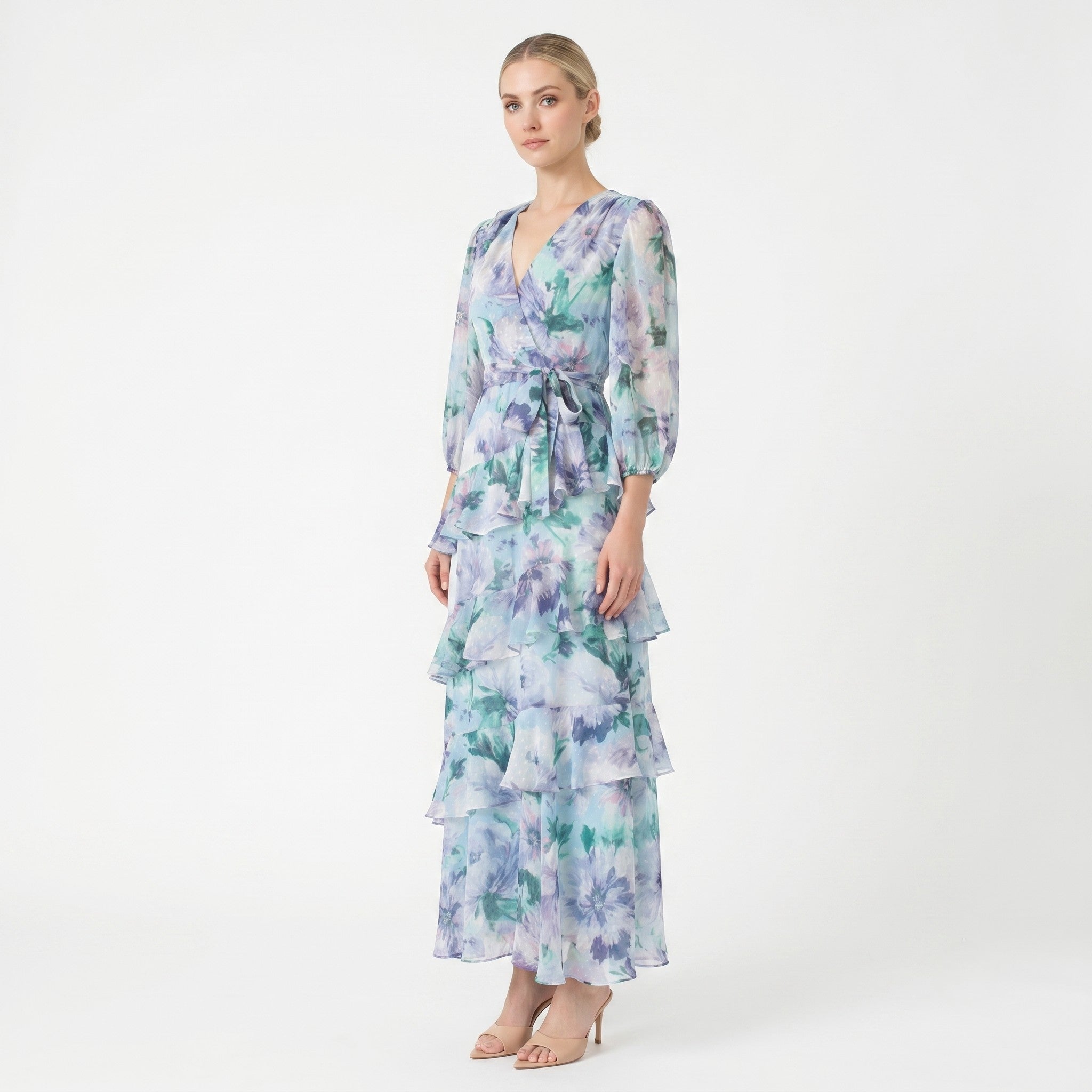 blue ruffle wrap dress Blue Wrap Over Frill Hem Short Sleeve Midi Dress – AX Paris US
