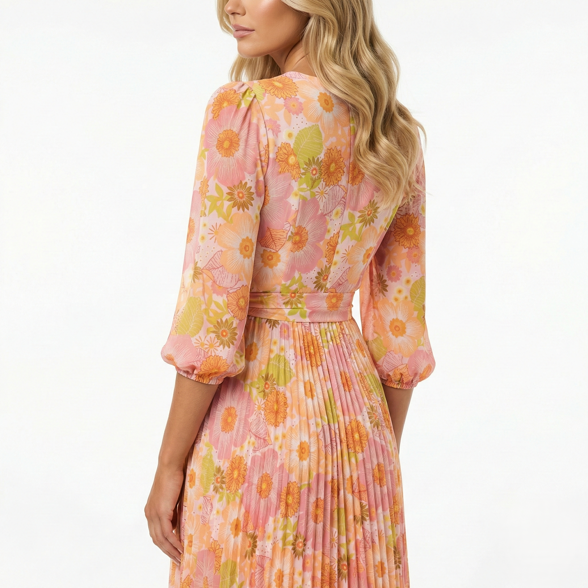 PINK FLORAL PLEATED MAXI DRESS-LONG SLEEVE V-NECK WRAP TIE WAIST DRESS Kelly Grace Brands PINK FLORAL PLEATED MAXI DRESS-LONG SLEEVE V-NECK WRAP TIE WAIST DRESS Kelly Grace Brands