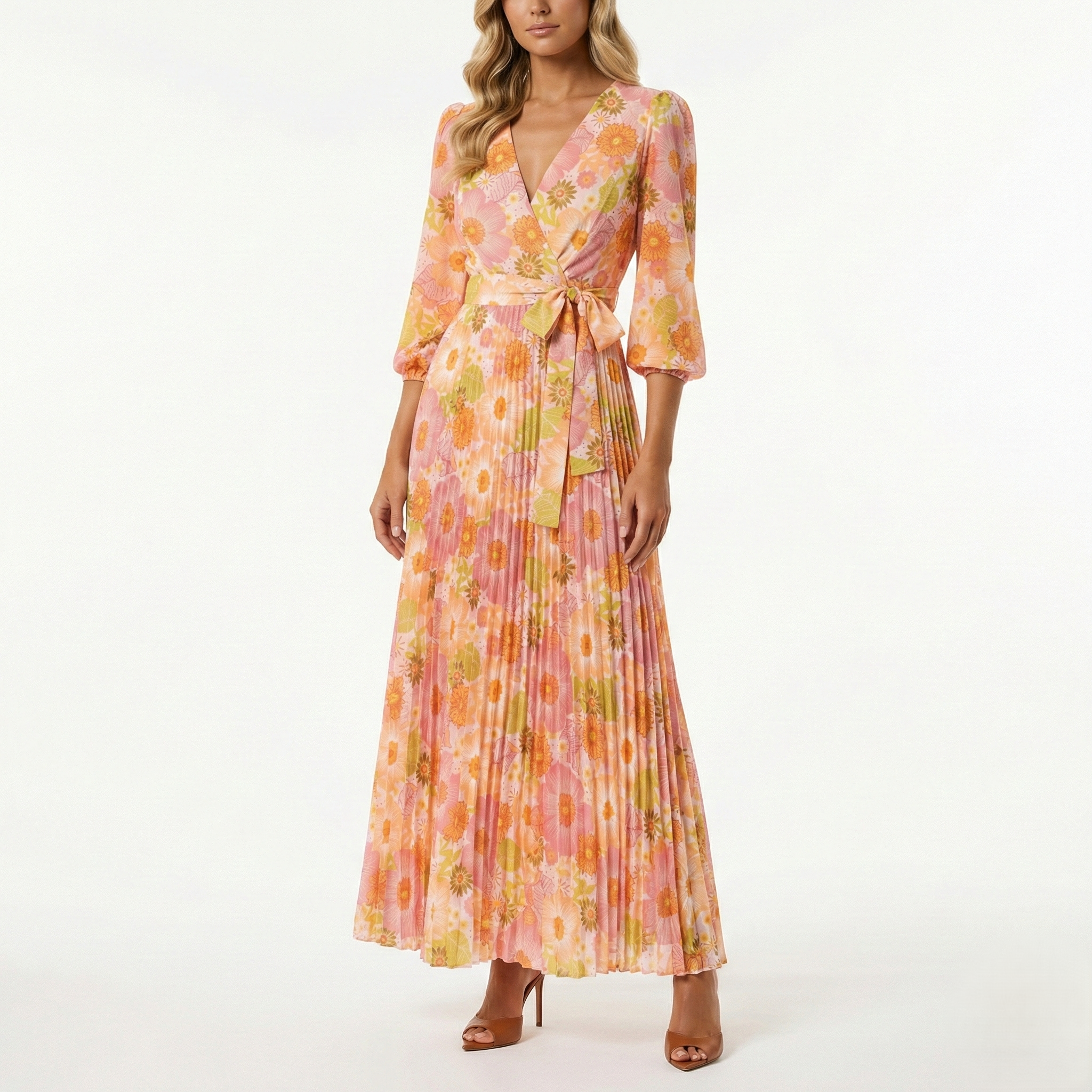 PINK FLORAL PLEATED MAXI DRESS-LONG SLEEVE V-NECK WRAP TIE WAIST DRESS –  Kelly Grace Brands