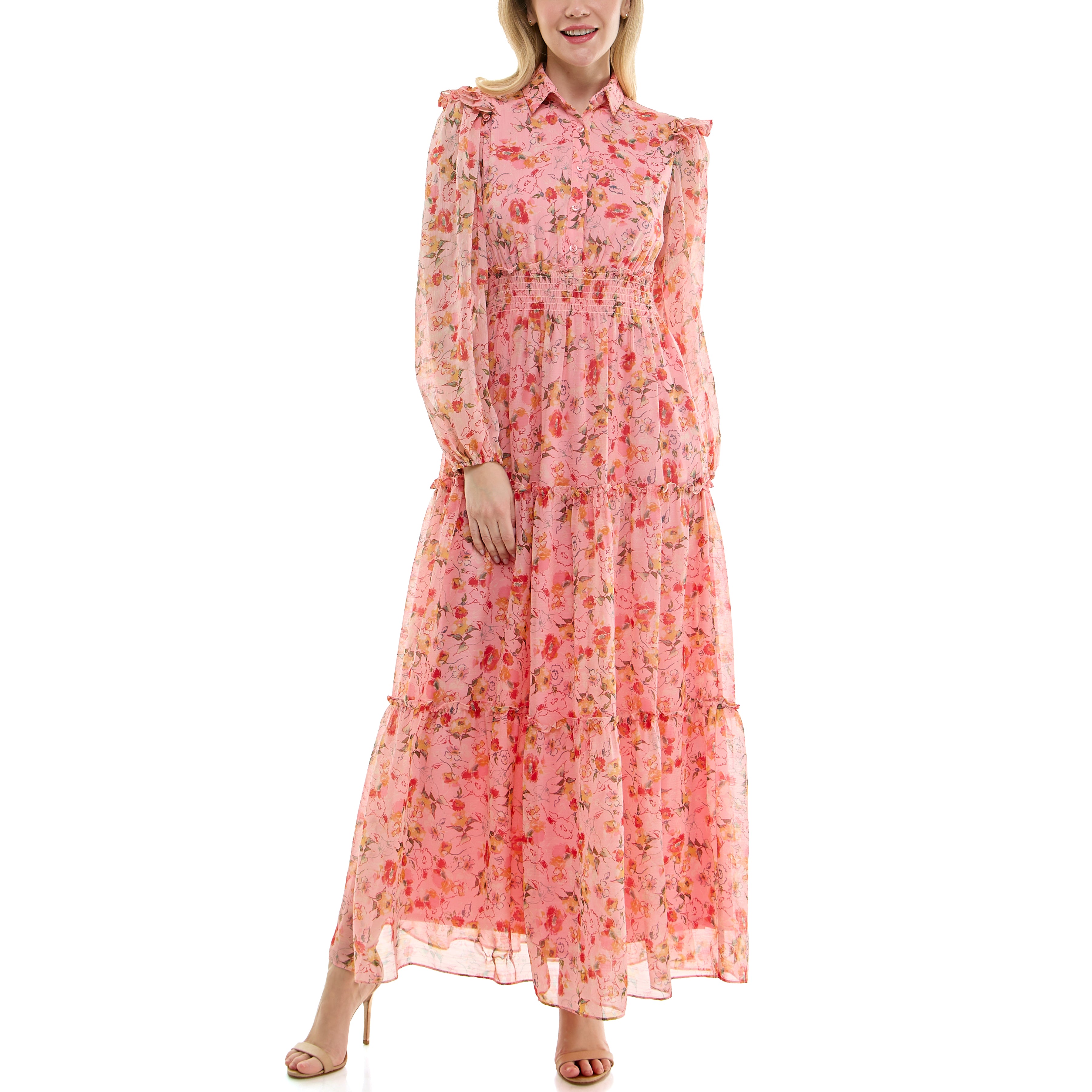MAISON TARA RETRO INSPIRED TIERED FLORAL PRINT CHIFFON