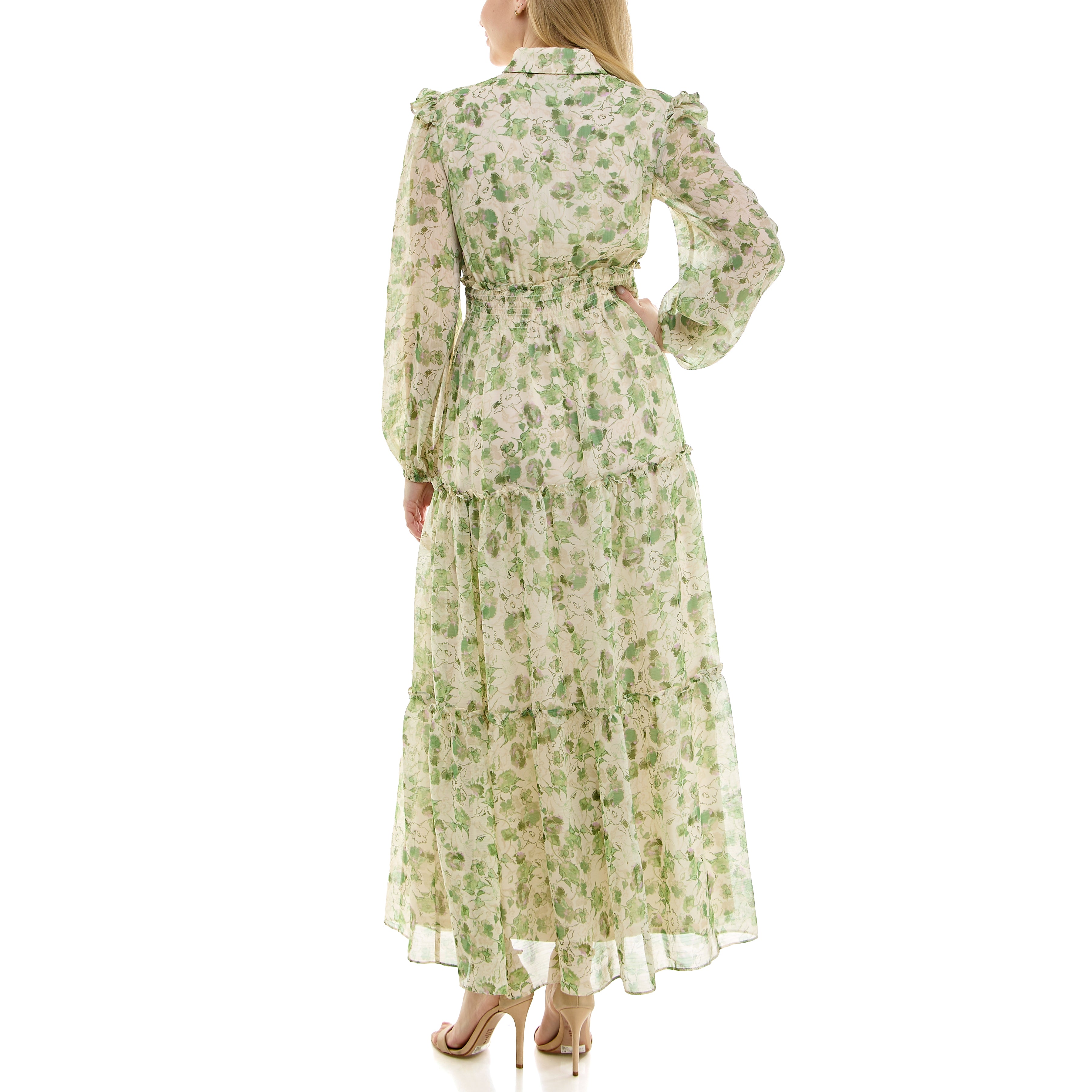 MAISON TARA RETRO INSPIRED TIERED FLORAL PRINT CHIFFON
