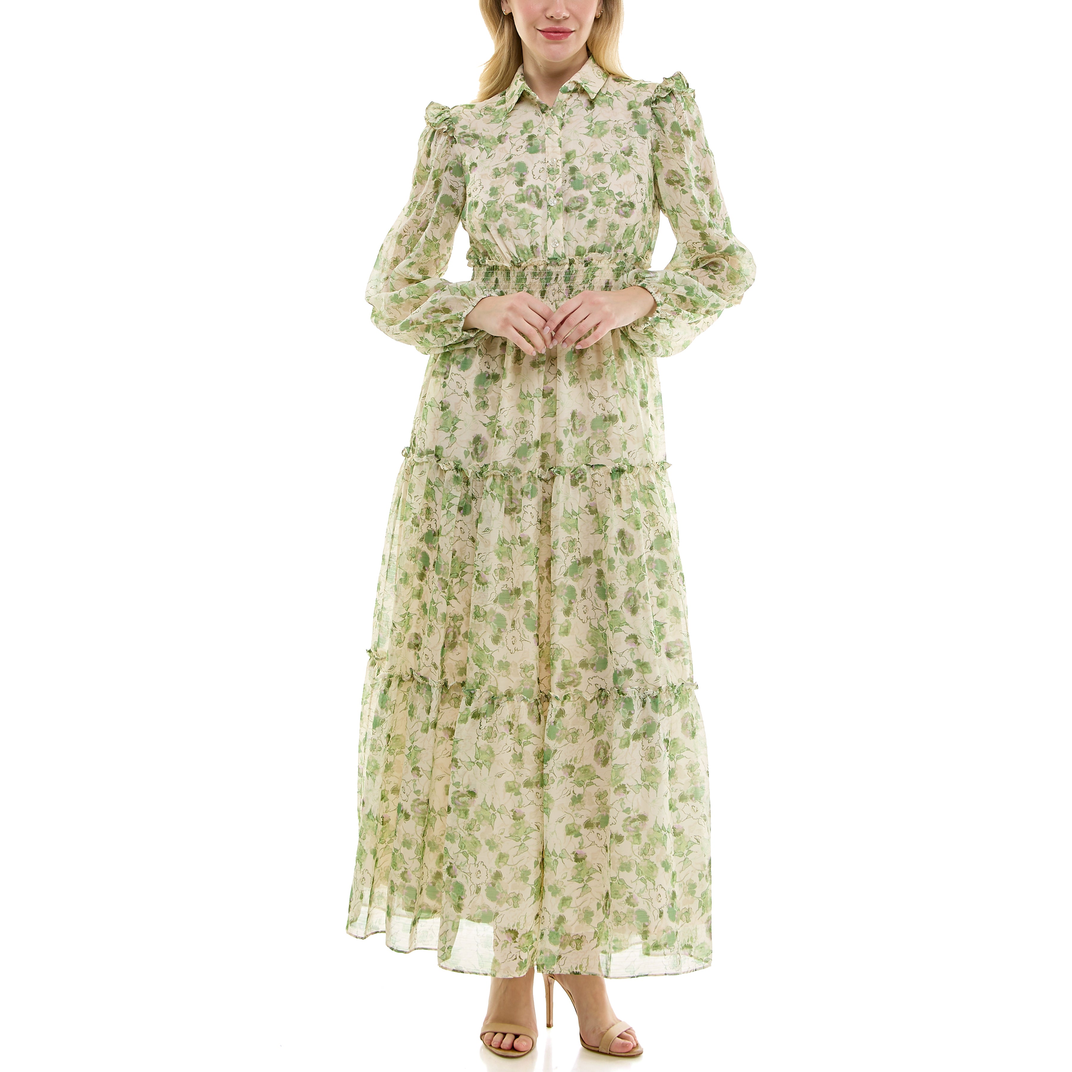 MAISON TARA RETRO INSPIRED TIERED FLORAL PRINT CHIFFON