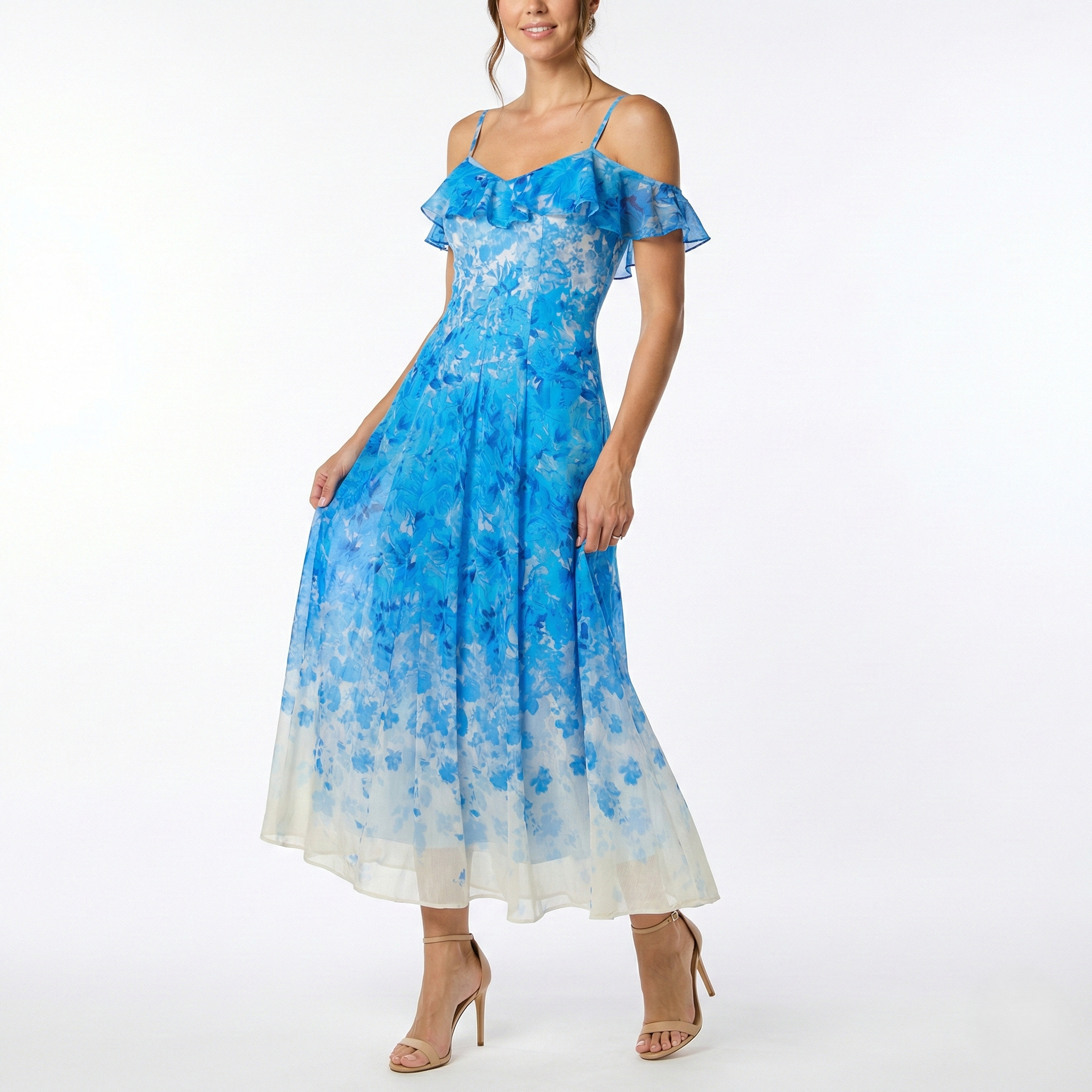 BLUE OMBRE Floral MAXI DRESS OFF SHOULDER RUFFLE STRAP EVENING DRESS BLUE Floral / 16 BLUE OMBRE Floral MAXI DRESS OFF SHOULDER RUFFLE STRAP EVENING DRESS BLUE Floral / 16