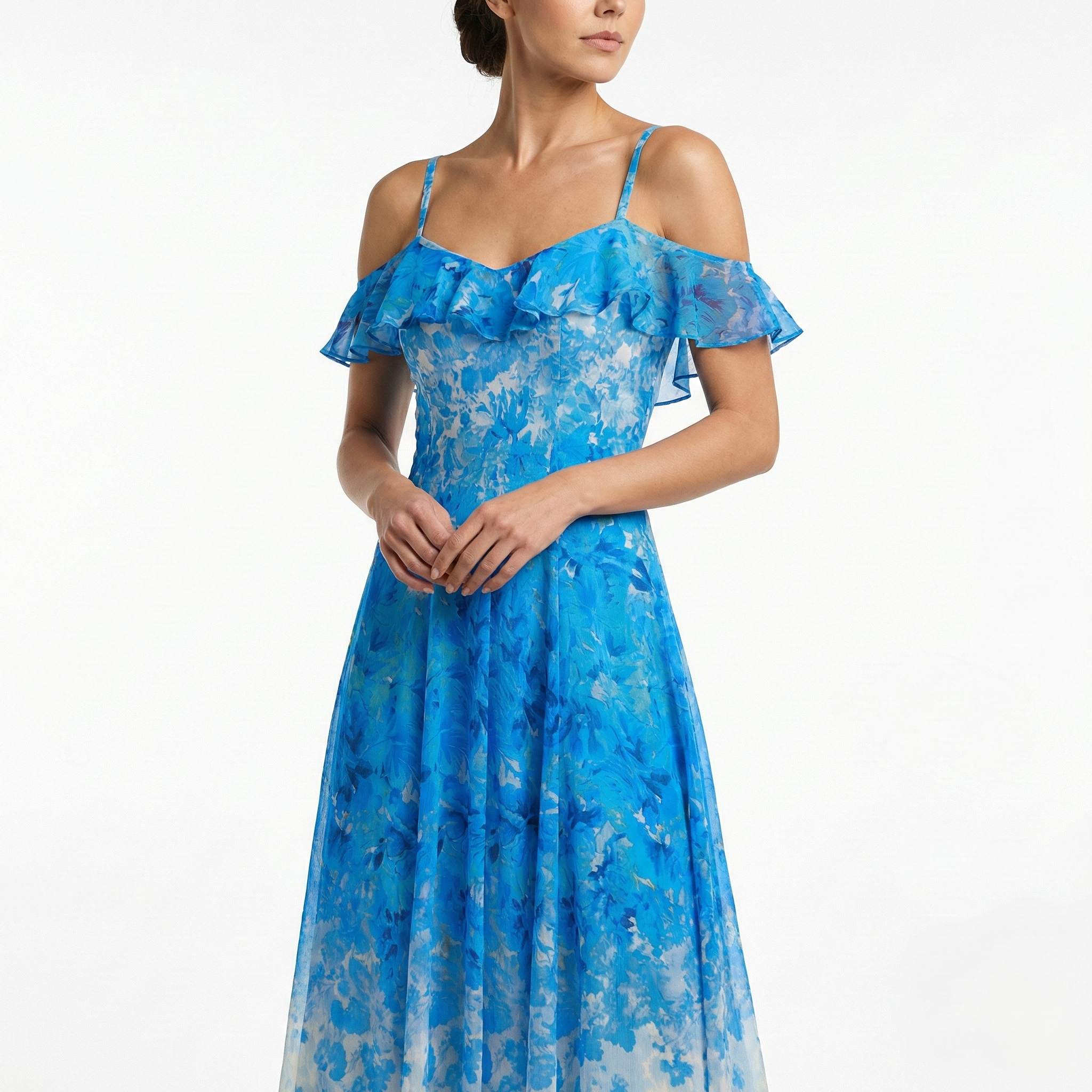 BLUE OMBRE Floral MAXI DRESS OFF SHOULDER RUFFLE STRAP EVENING DRESS BLUE Floral / 16 BLUE OMBRE Floral MAXI DRESS OFF SHOULDER RUFFLE STRAP EVENING DRESS BLUE Floral / 16