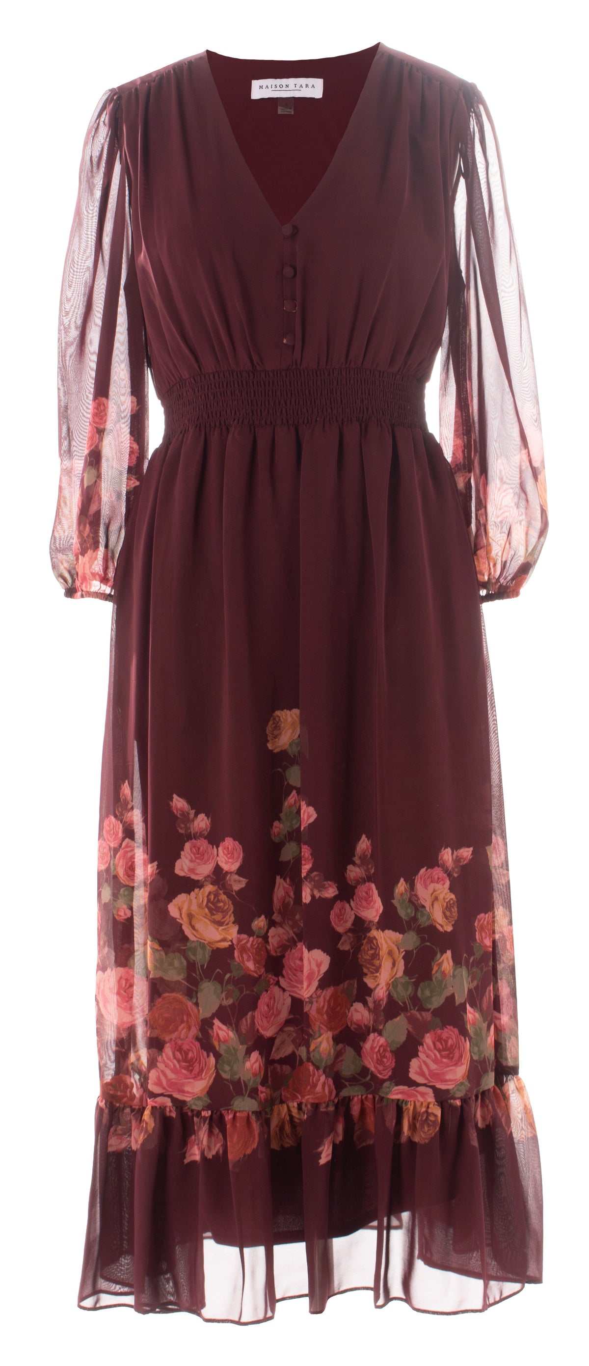 Burgundy Floral Chiffon Midi Dress – Fall Wedding Guest & Church Dress MAISON TARA