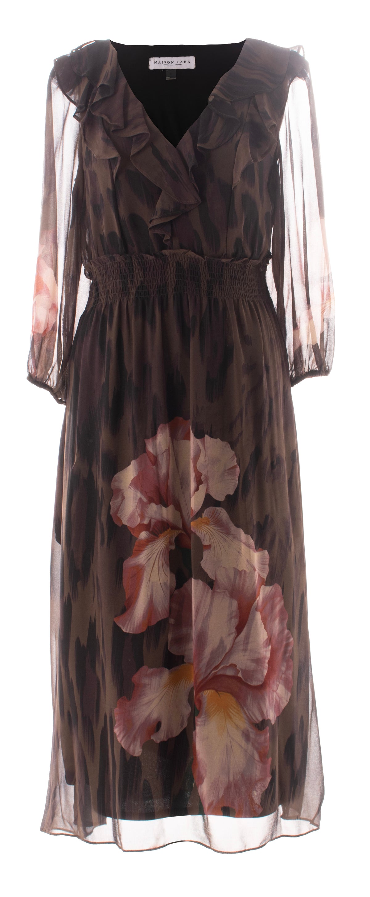 OLIVE ROSE FLORAL RUFFLE V-NECK SMOCKED-WAIST CHIFFON MIDI DRESS
