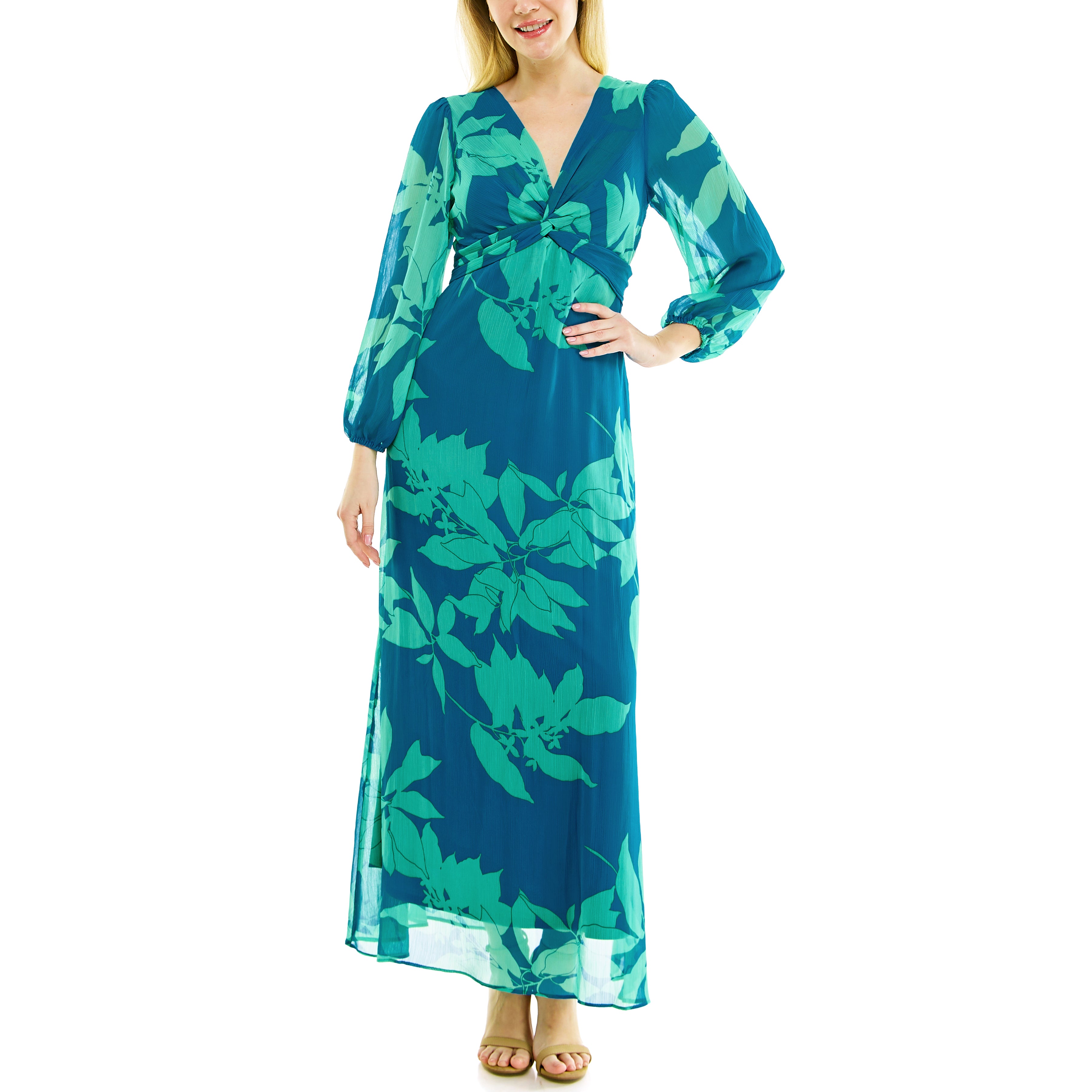 MAISON TARA TWO TONE TROPICAL LEAF PRINT MAXI DRESS – Kelly