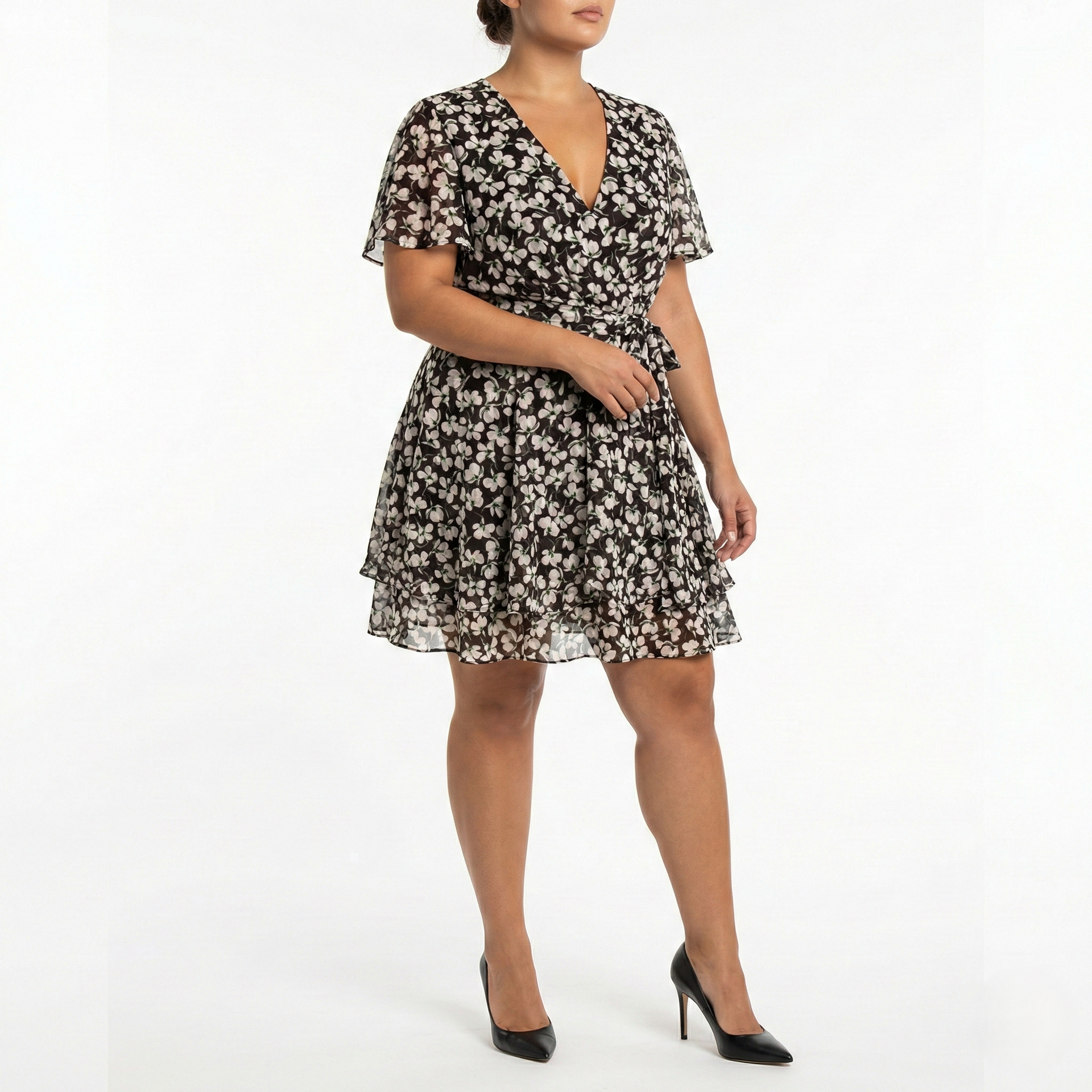 BLACK FLORAL WRAP DRESS FLUTTER SLEEVE V-NECK RUFFLE HEM MINI DRESS Kelly Grace Brands BLACK FLORAL WRAP DRESS FLUTTER SLEEVE V-NECK RUFFLE HEM MINI DRESS Kelly Grace Brands