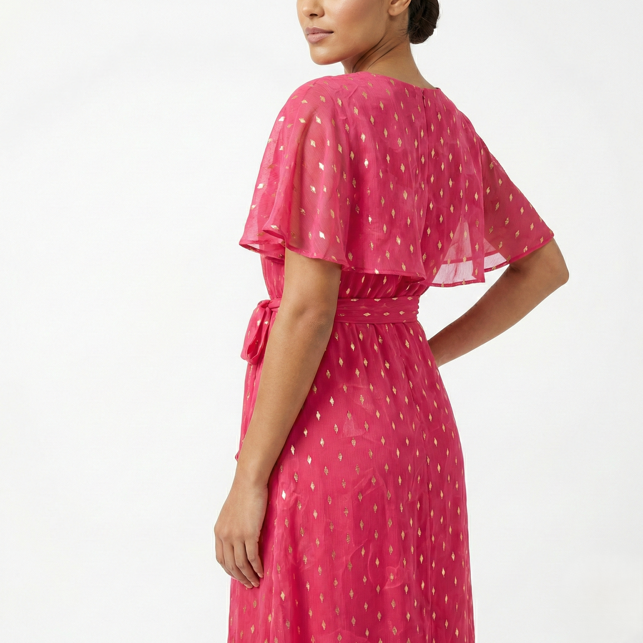 FUCHSIA GOLD FOIL MAXI DRESS CAPE SLEEVE TIE WAIST ELEGANT OCCASION Kelly Grace Brands FUCHSIA GOLD FOIL MAXI DRESS CAPE SLEEVE TIE WAIST ELEGANT OCCASION Kelly Grace Brands