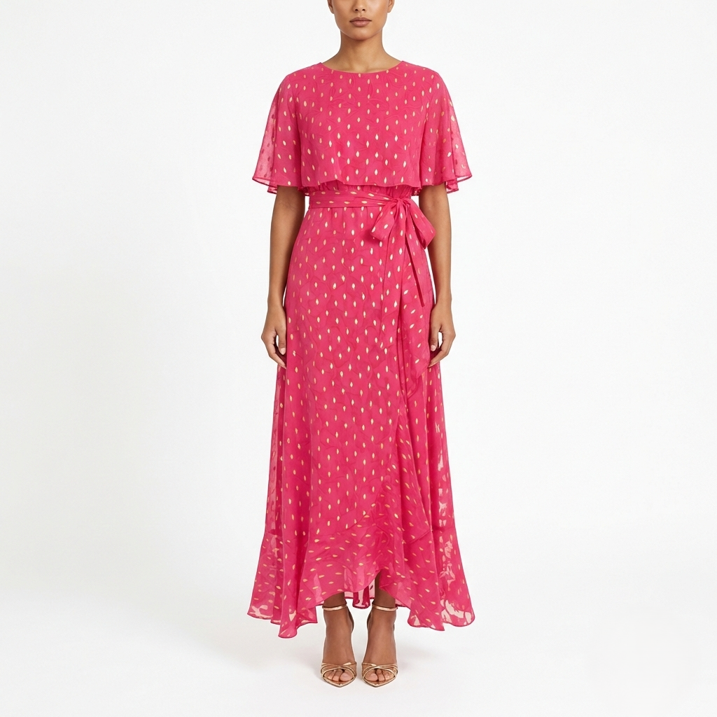 FUCHSIA GOLD FOIL MAXI DRESS CAPE SLEEVE TIE WAIST ELEGANT OCCASION Kelly Grace Brands FUCHSIA GOLD FOIL MAXI DRESS CAPE SLEEVE TIE WAIST ELEGANT OCCASION Kelly Grace Brands