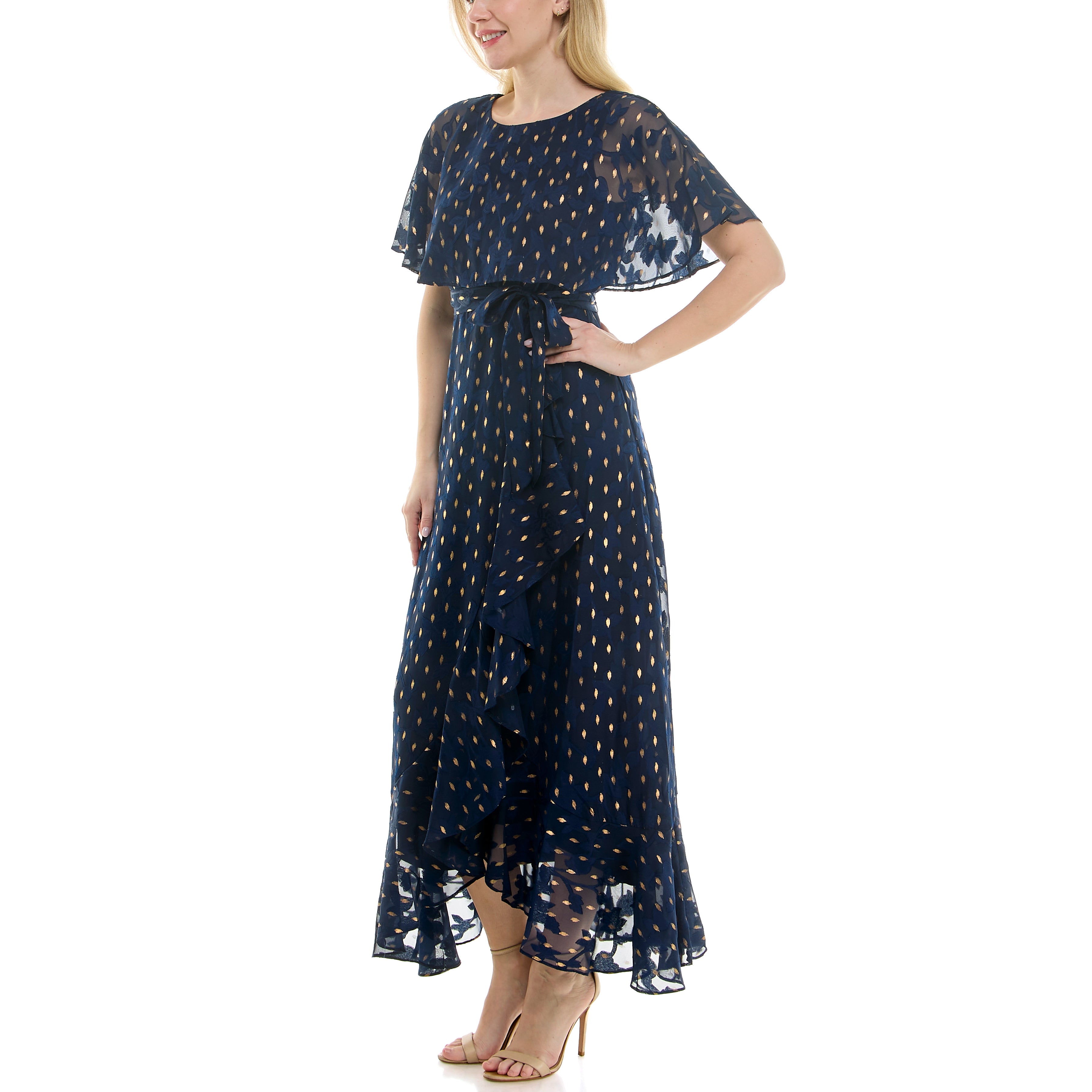 Maison Tara Gold Accented Capelet Maxi Dress – Kelly Grace