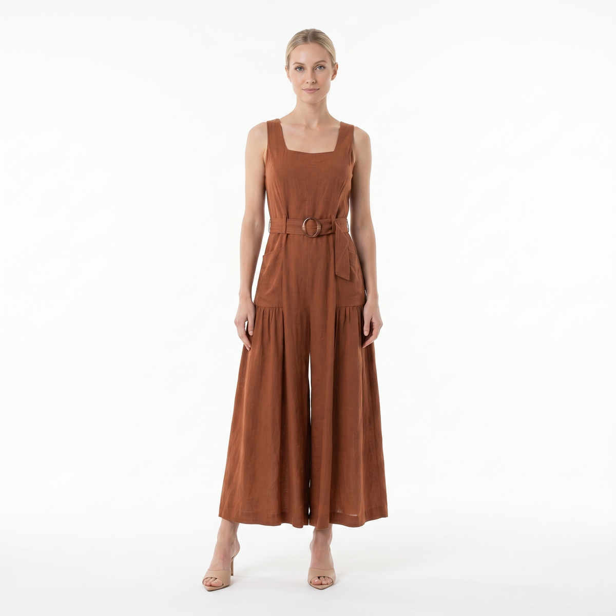 COPPER WIDE-LEG JUMPSUIT – SLEEVELESS SQUARE NECK BELTED LINEN