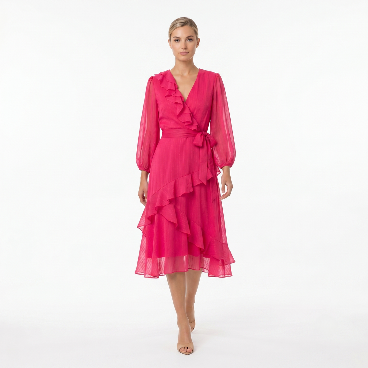 hot pink wrap dress Maison Tara Stripe Sheer Chiffon Midi Department Stores That Sell Wedding Dresses Pretty Lavish asymmetric ruffle up sleeve to show Size:XLL