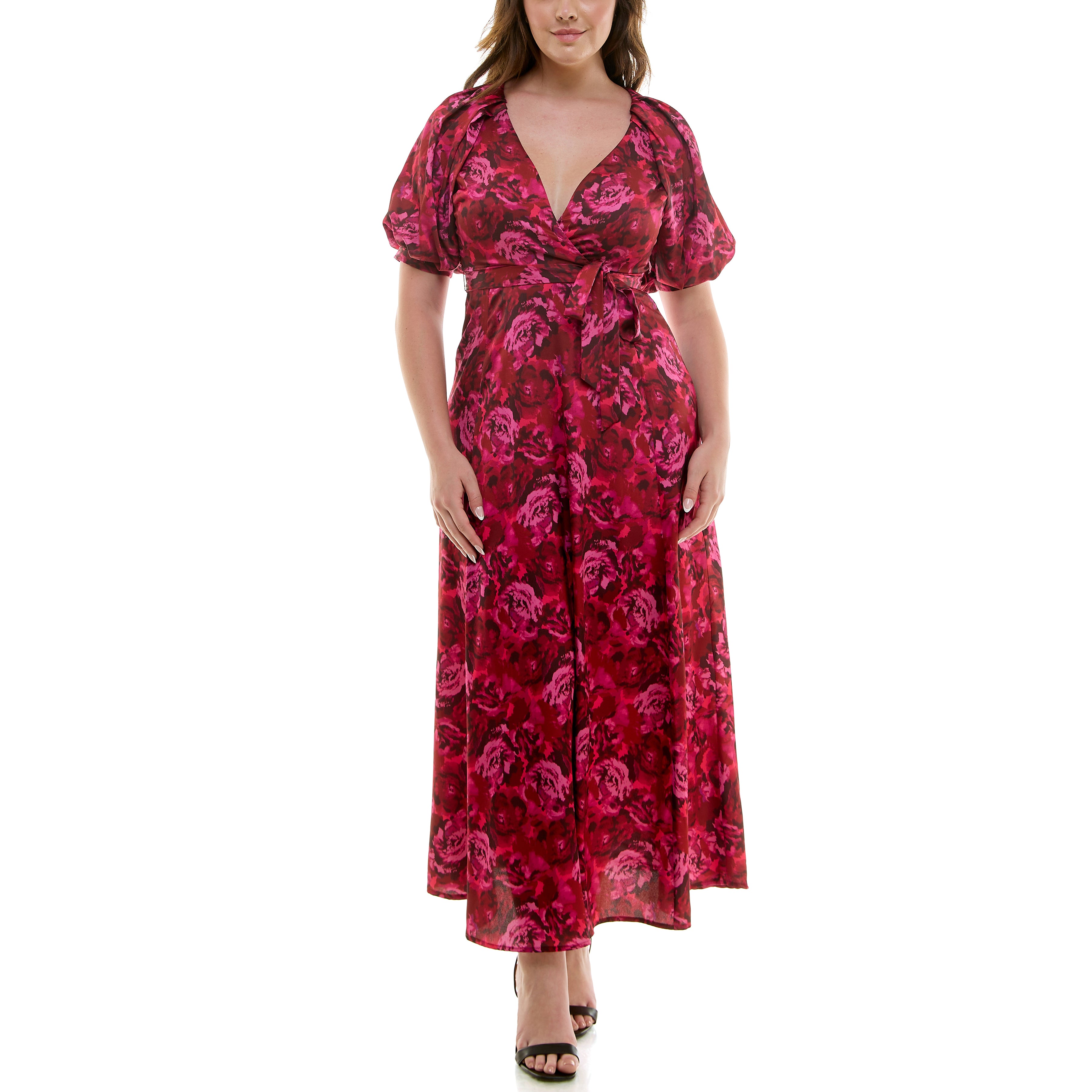 MAISON TARA ROSE BOUQUET PRINT PUFF SLEEVE PEBBLE SATIN WRAP MAXI