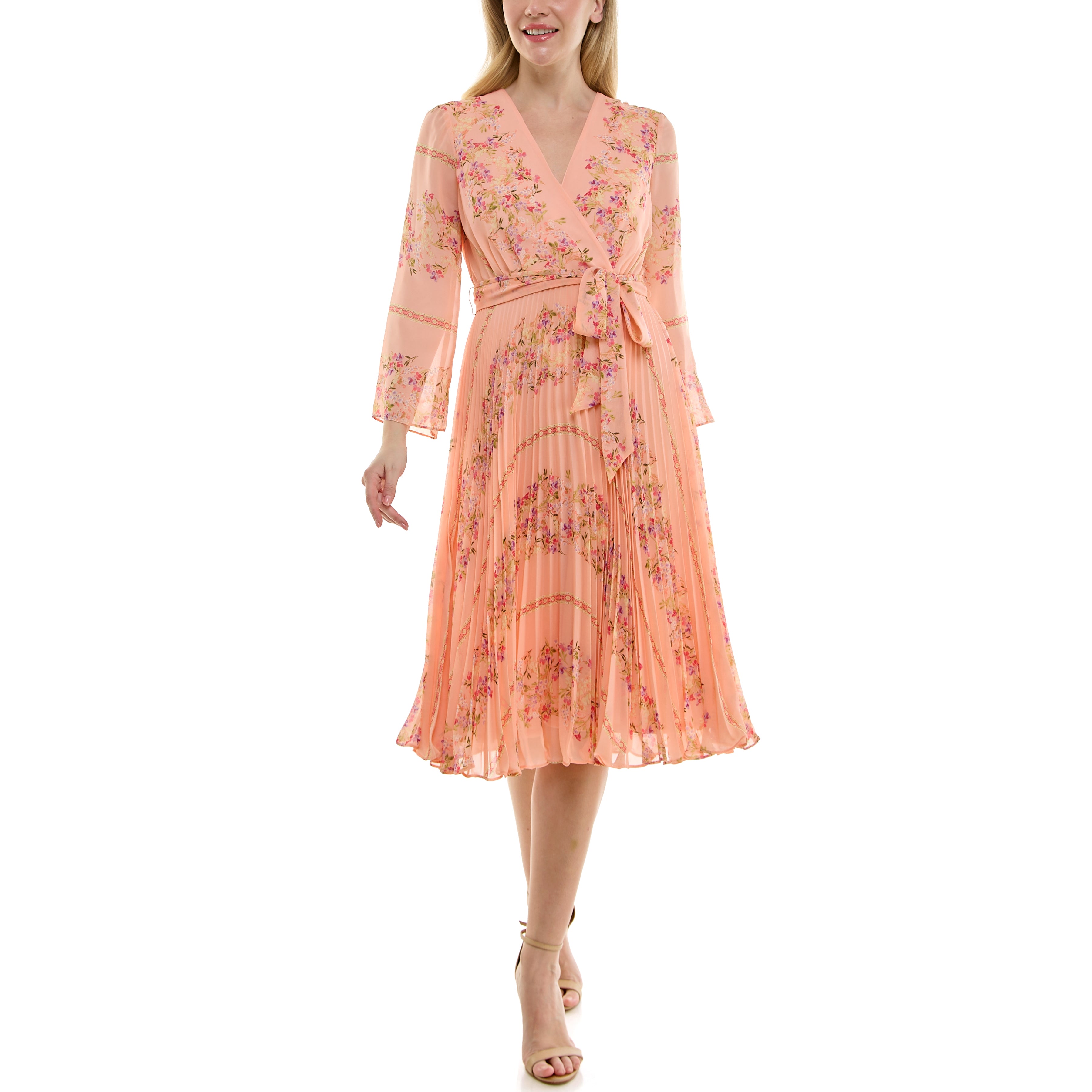 MAISON TARA ACCORDION PLEATED LONG SLEEVE FLORAL CHIFFON