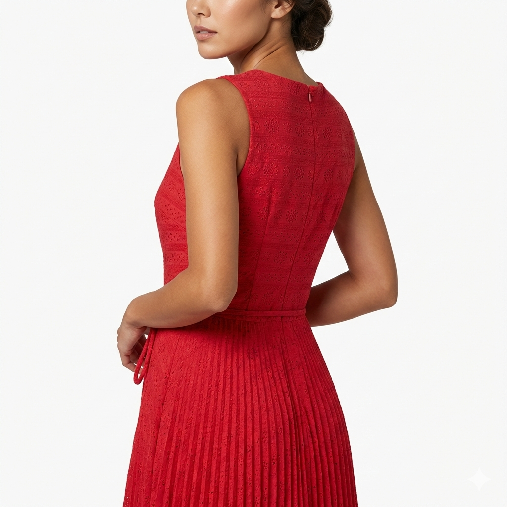 RUBY RED PLEATED MIDI DRESS – SLEEVELESS HIGH NECK TIE WAIST ELEGANT O –  Kelly Grace Brands