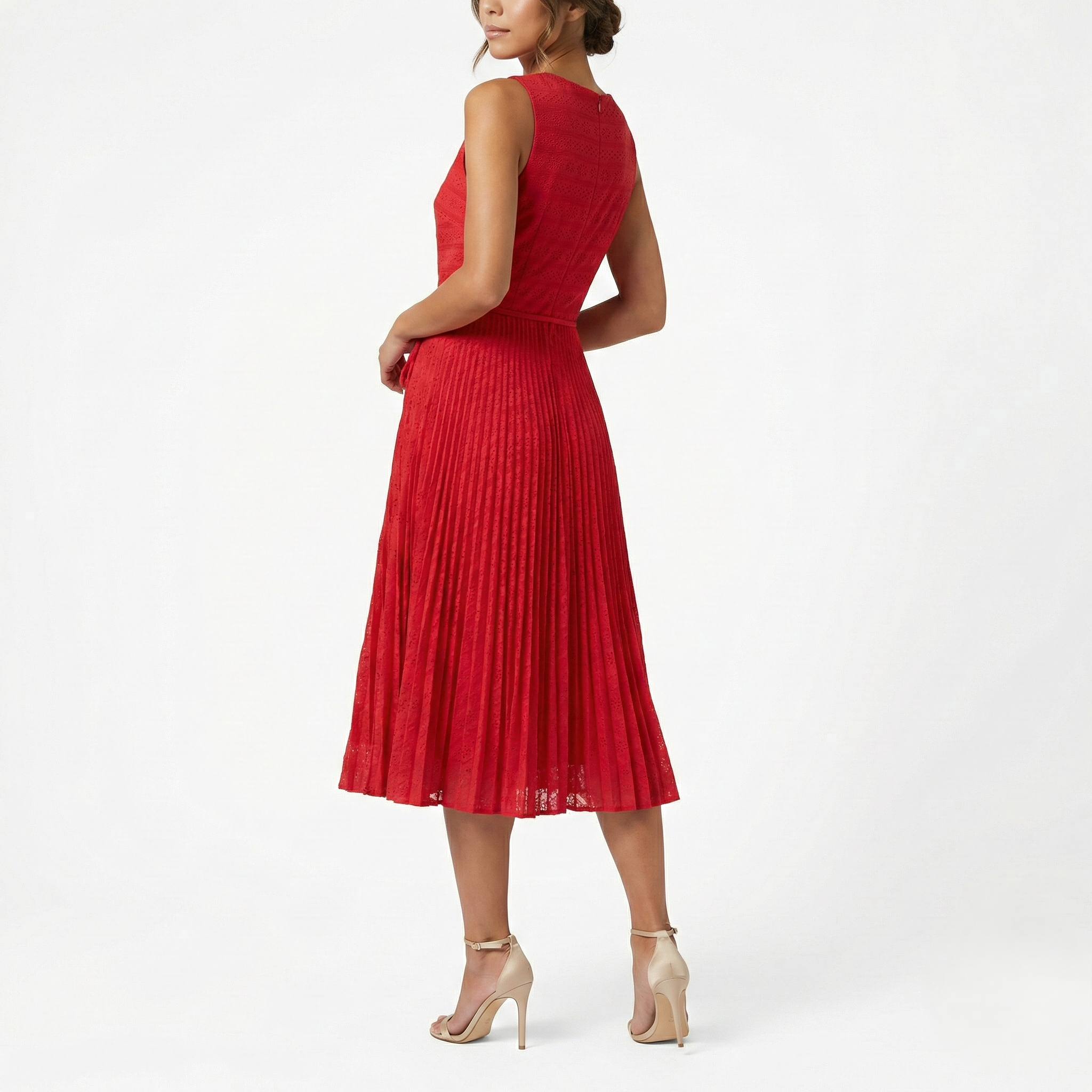 RUBY RED PLEATED MIDI DRESS SLEEVELESS HIGH NECK TIE WAIST ELEGANT O Kelly Grace Brands RUBY RED PLEATED MIDI DRESS SLEEVELESS HIGH NECK TIE WAIST ELEGANT O Kelly Grace Brands