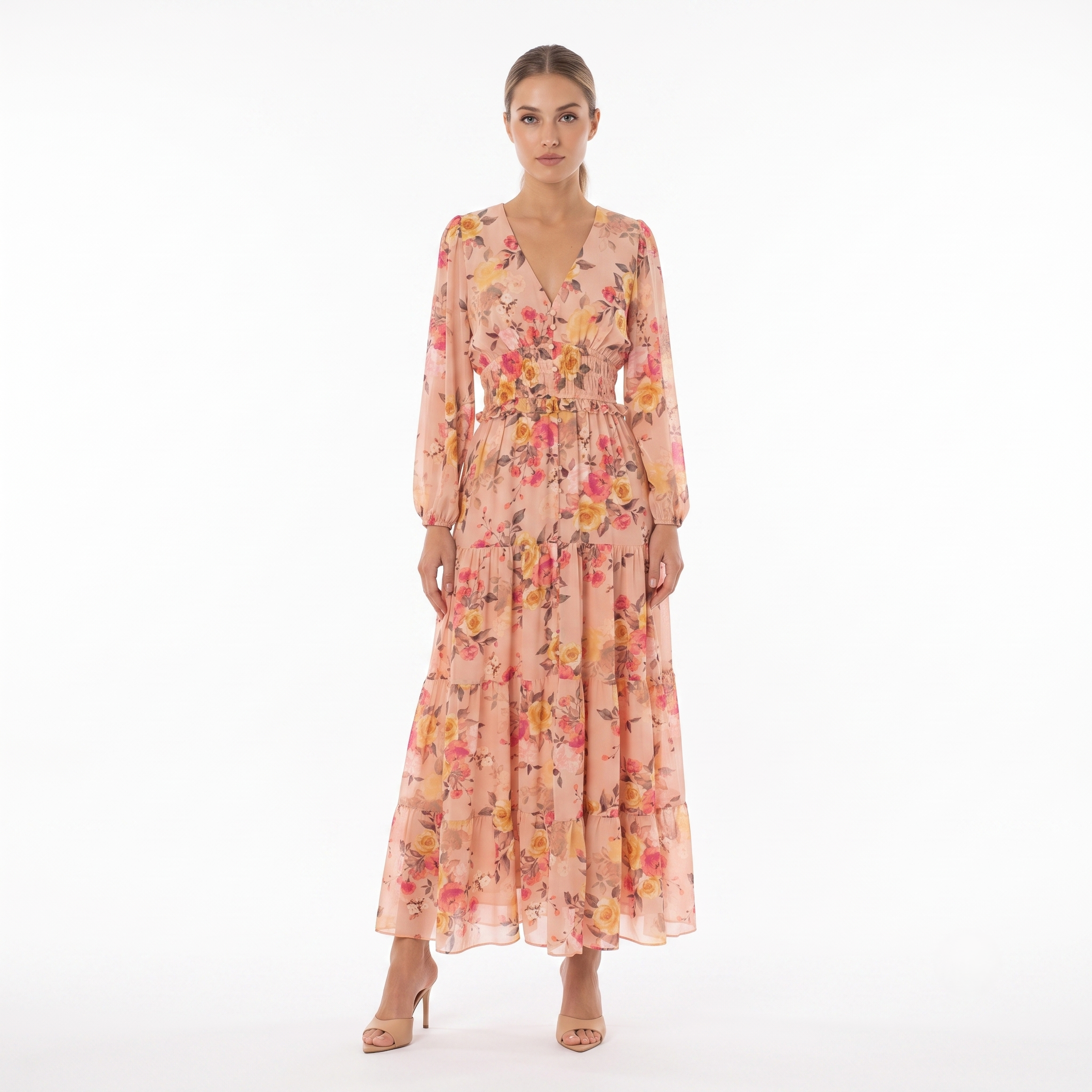 bargain maxi dresses Women's The delicate peach and yellow floral print adds a timeless Perfect Summer Maxi Dress Bargain