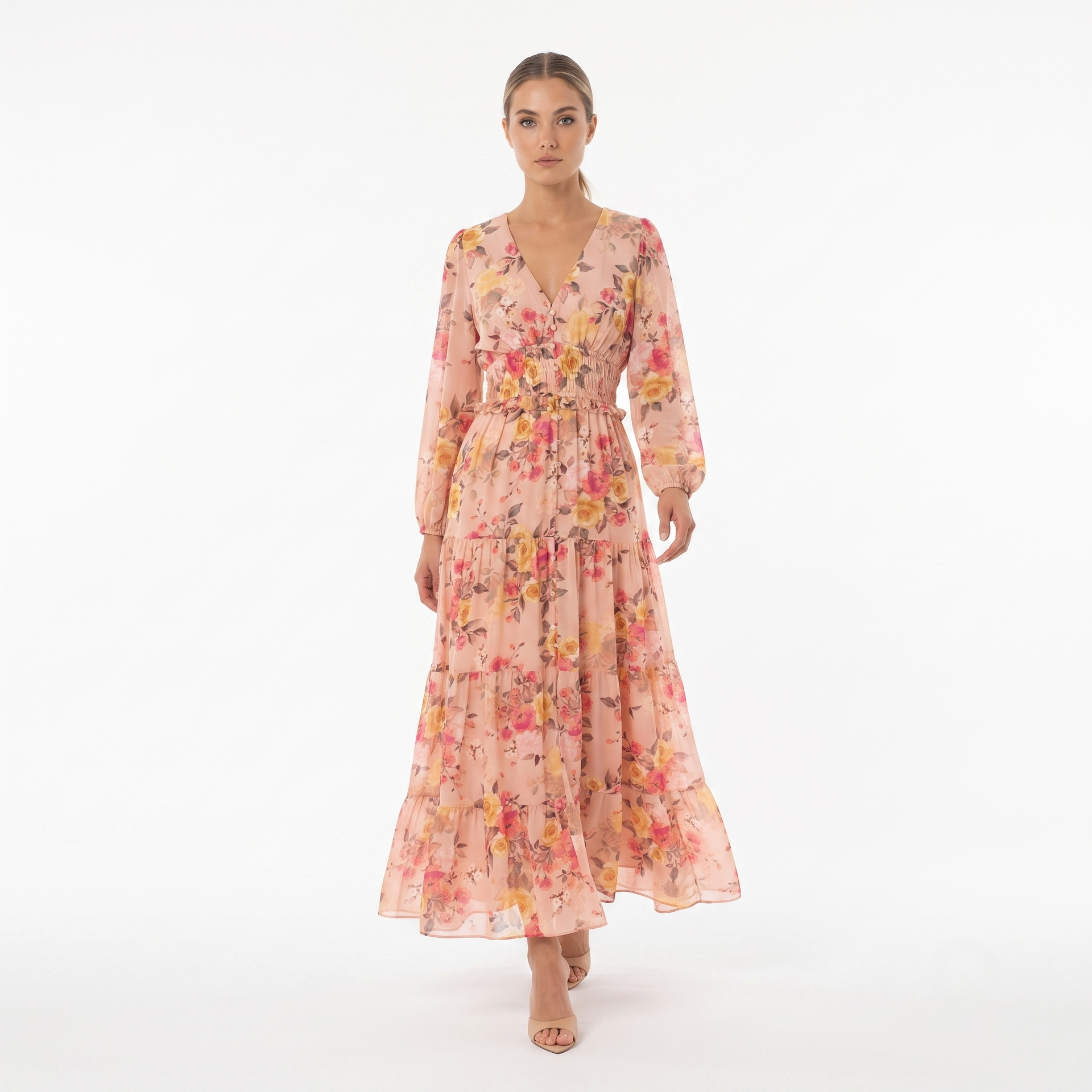 BLUSH FLORAL CHIFFON MAXI DRESS – LONG SLEEVE V-NECK TIERED BOHO DRESS Peach / 14