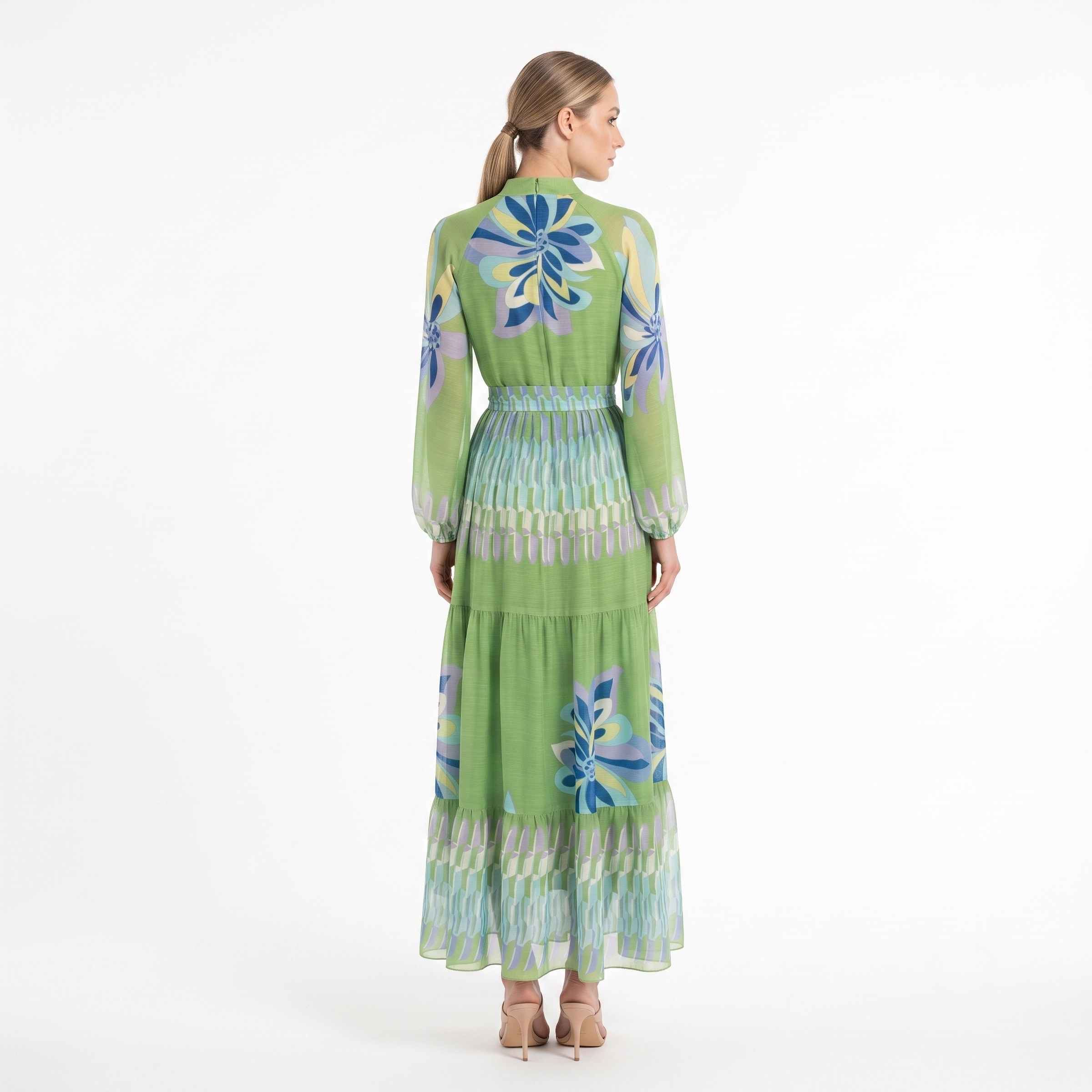 floral chiffon maxi dress with sleeves Light Pink Long Sleeve Small enhancing silhouette that celebrates your curves Helena Floral Print Long Sleeve