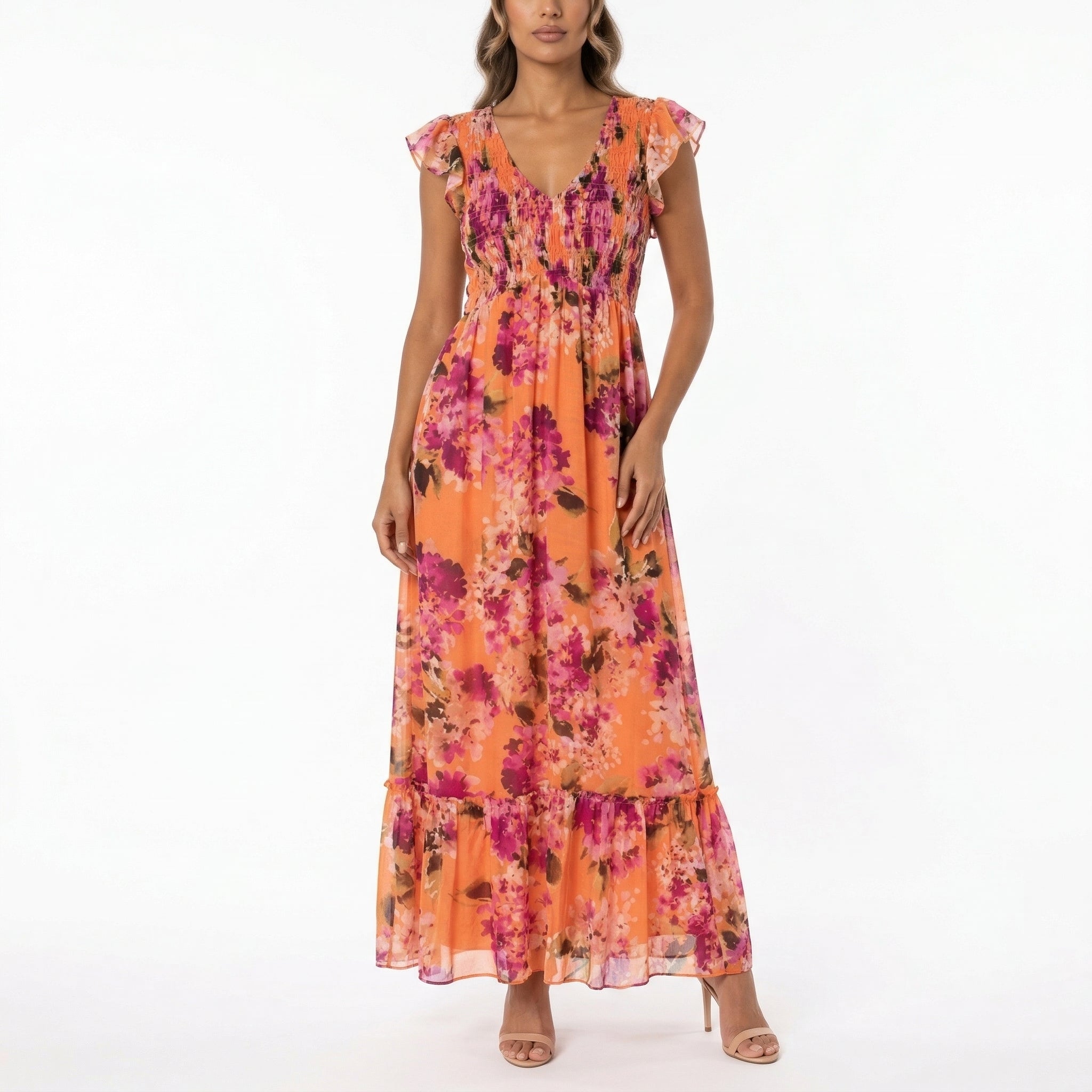 PEACH FLORAL MAXI DRESS V-NECK FLUTTER SLEEVE SMOCKED BOHO DRESS PEACHFUCHSIA / 12 PEACH FLORAL MAXI DRESS V-NECK FLUTTER SLEEVE SMOCKED BOHO DRESS PEACHFUCHSIA / 12