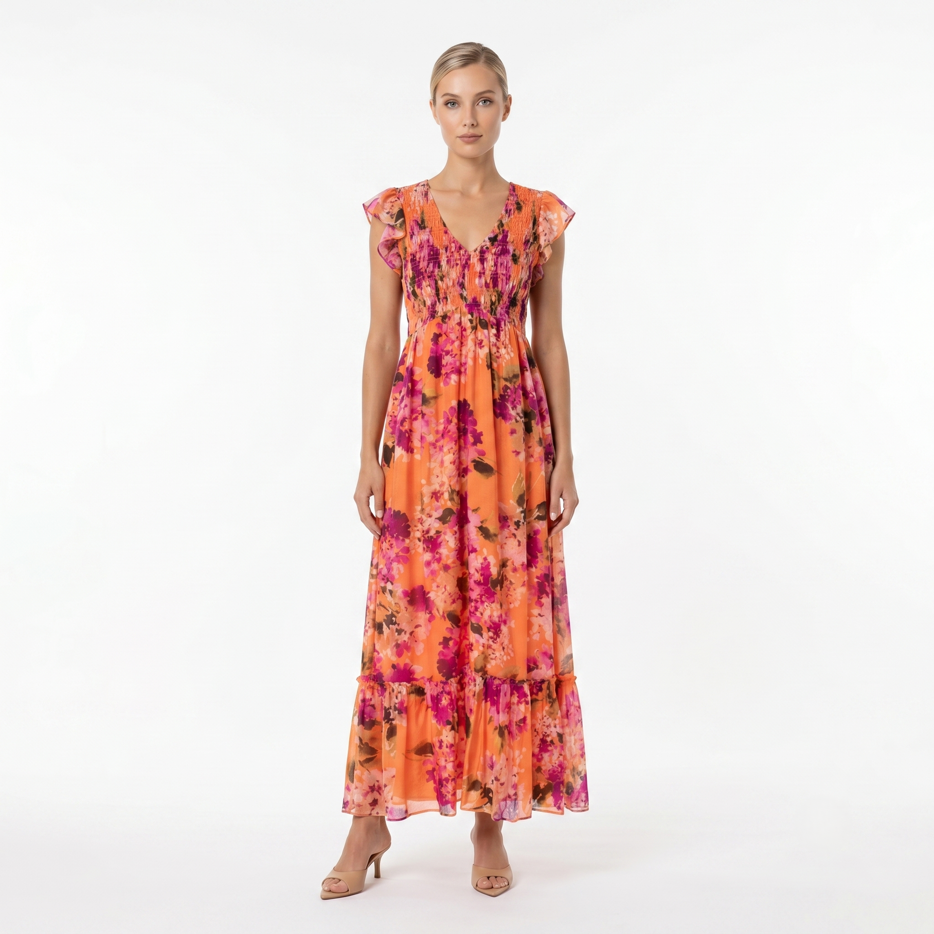 orange fuchsia floral maxi dress Women's Long Dress Maxi Dress Chiffon Dress Floral Dress Elegant Formal Daily Party Wedding Guest Regular Fit Floral Long Sleeve V Neck Purple Fuchsia Orange Summer 2026