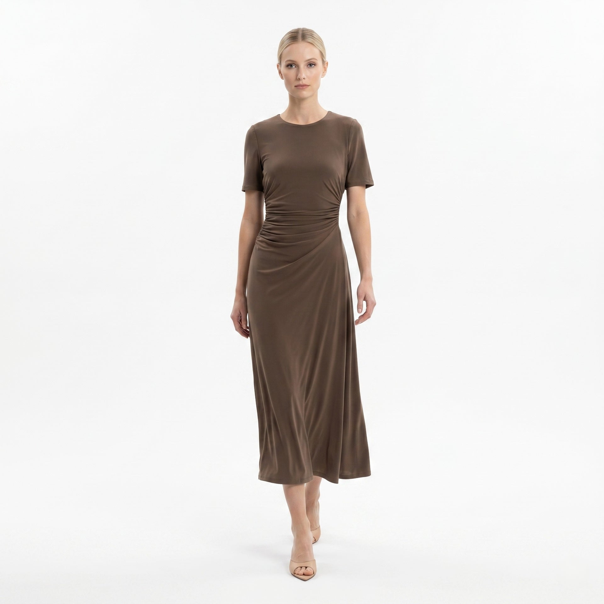 ruched short sleeve loose green midi dress Summer-blend Linen Printed Square Neck Ruched Smocked Back Midi Dress