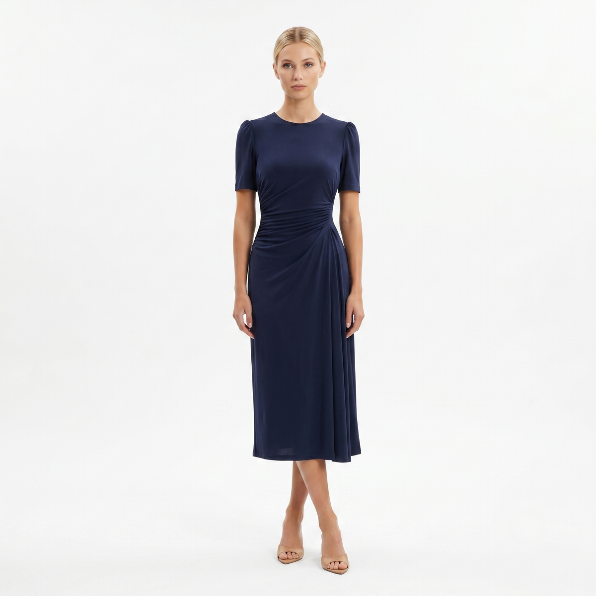 ethical blue midi dress Maison Tara Ruched Dress, 6 / Slip into the new ProductID: 100249 lasting garments Size:12/18