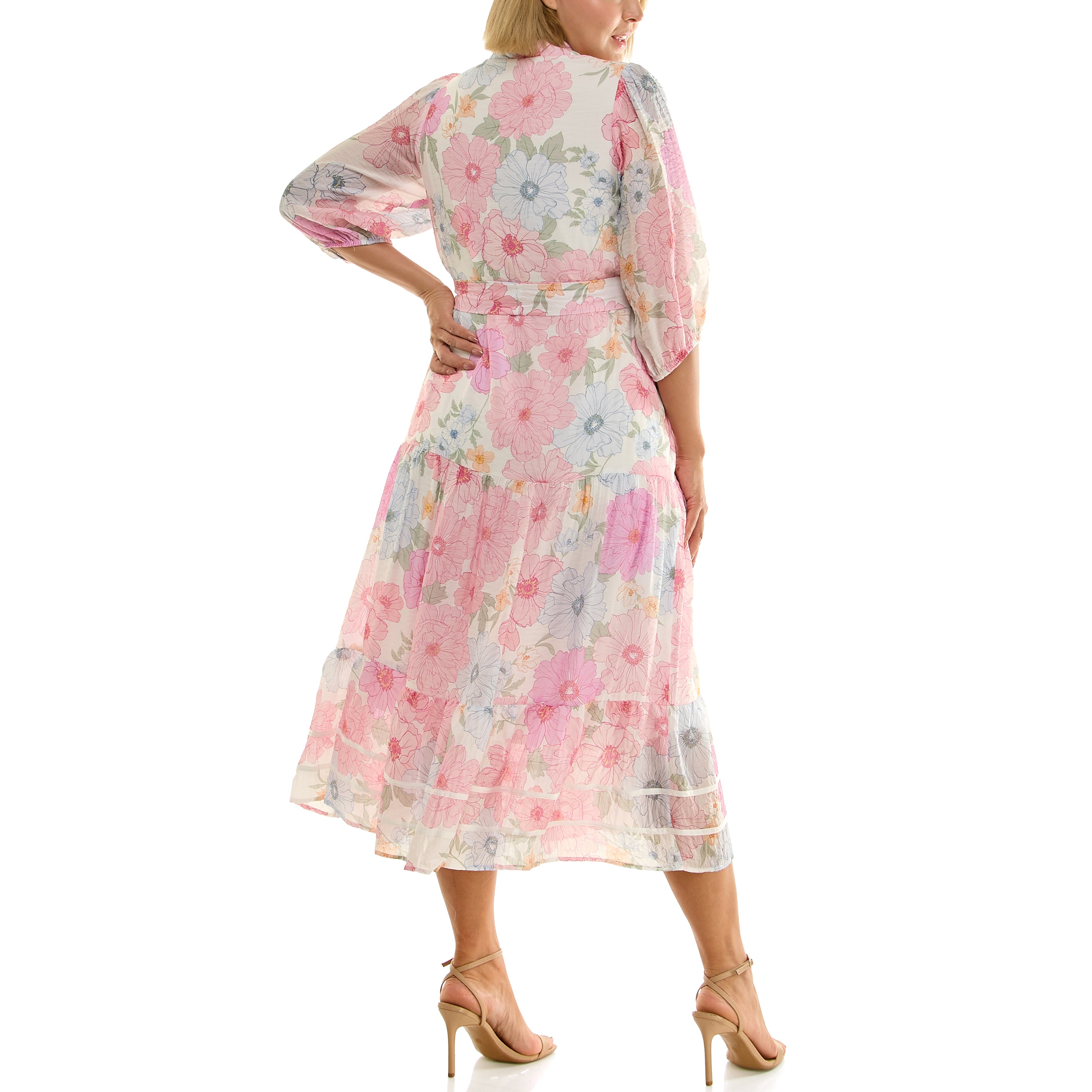 Back view of women’s pastel floral chiffon midi dress featuring tiered skirt and adjustable waist tie